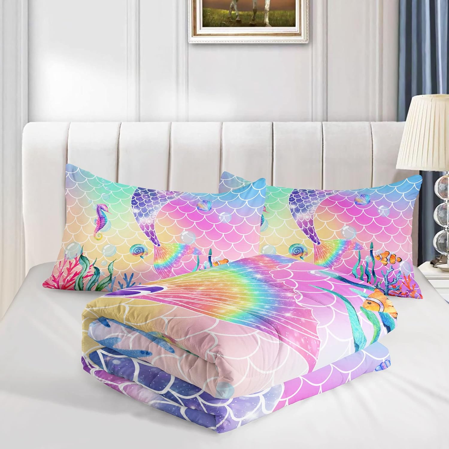 Datura home Juego de edredón de cama con estampado de cola de sirena rosa arcoíris con 1 y 2 fundas de almohada para dormitorio de niñas para todas