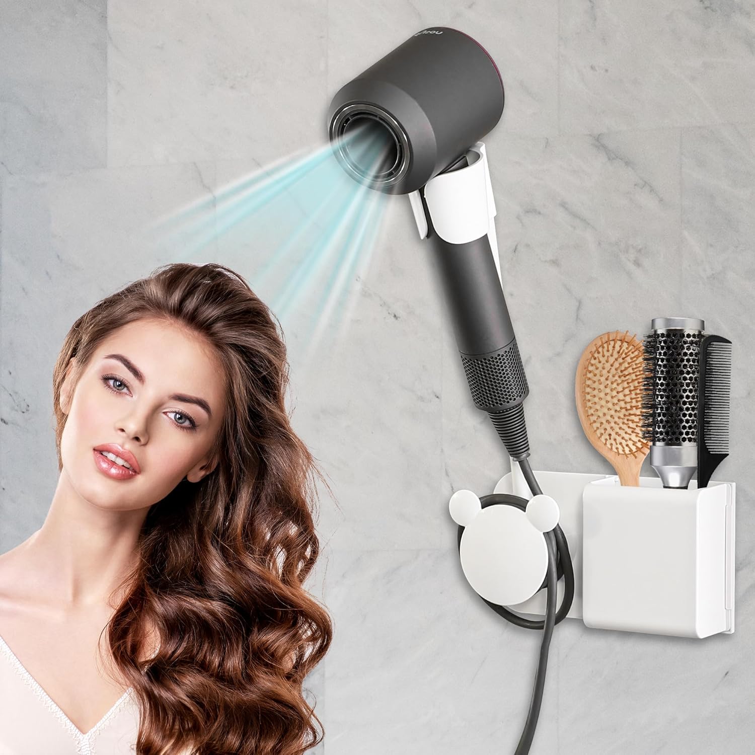 Soporte para secador de pelo manos libres con cualquier ángulo giratorio brazo totalmente posicionable. Soporte de pared para secador de pelo,