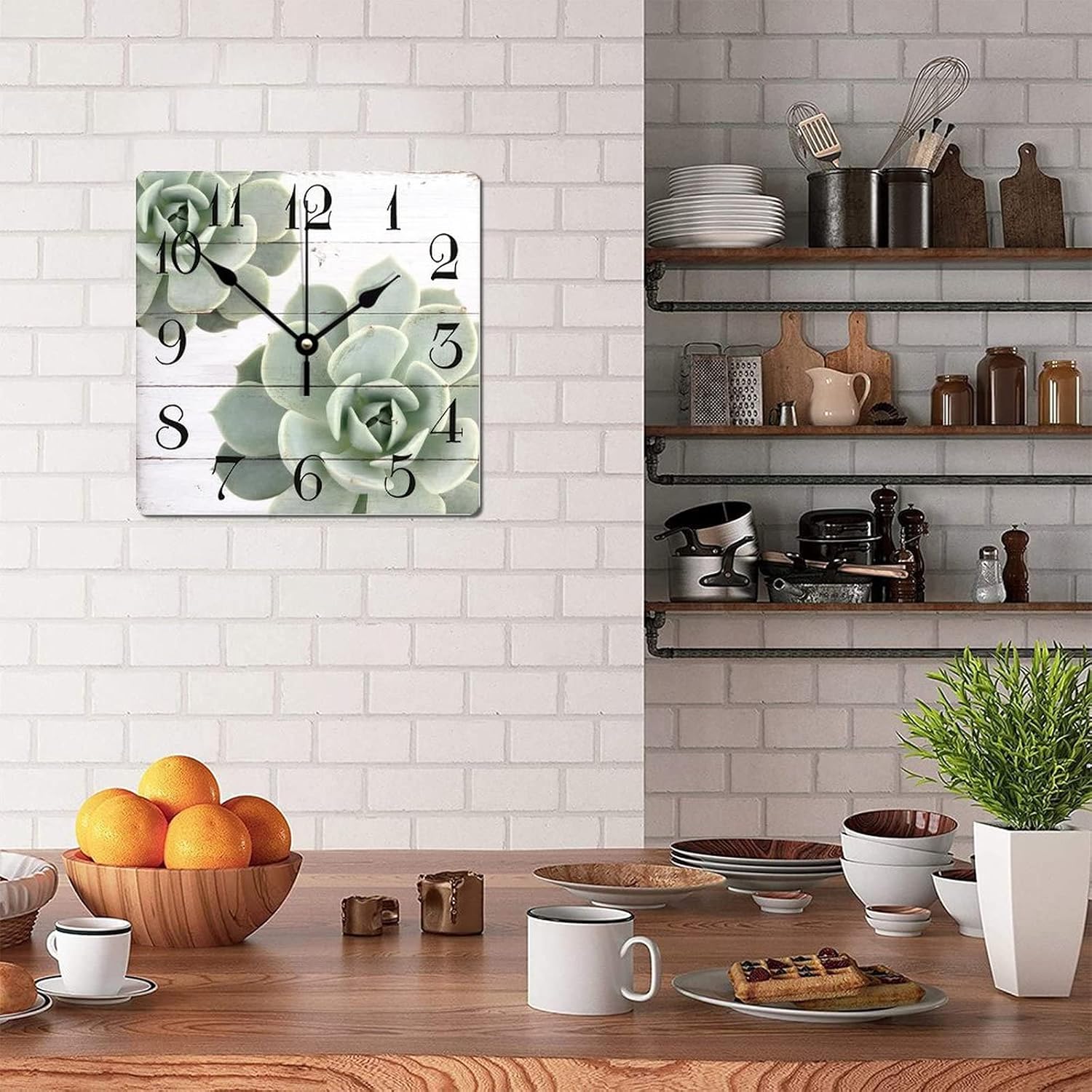 Reloj de pared cuadrado de madera con plantas suculentas, duradero, funciona con pilas, reloj de pared de madera antigua para dormitorio, cocina,