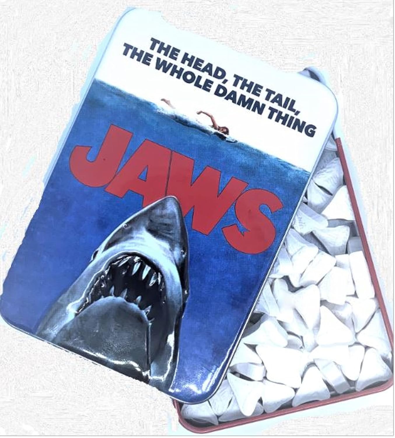 Jaws Amity Island Candy – Un (1) póster de película de mandíbulas coleccionables, forma de dientes de tiburón, sabor a cereza ácida