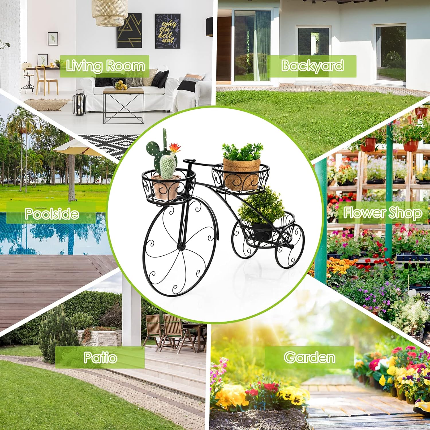 Giantex Maceta de metal para bicicleta, soporte de 3 niveles para plantas de flores con 3 ruedas decorativas, soporte de exhibición de flores de