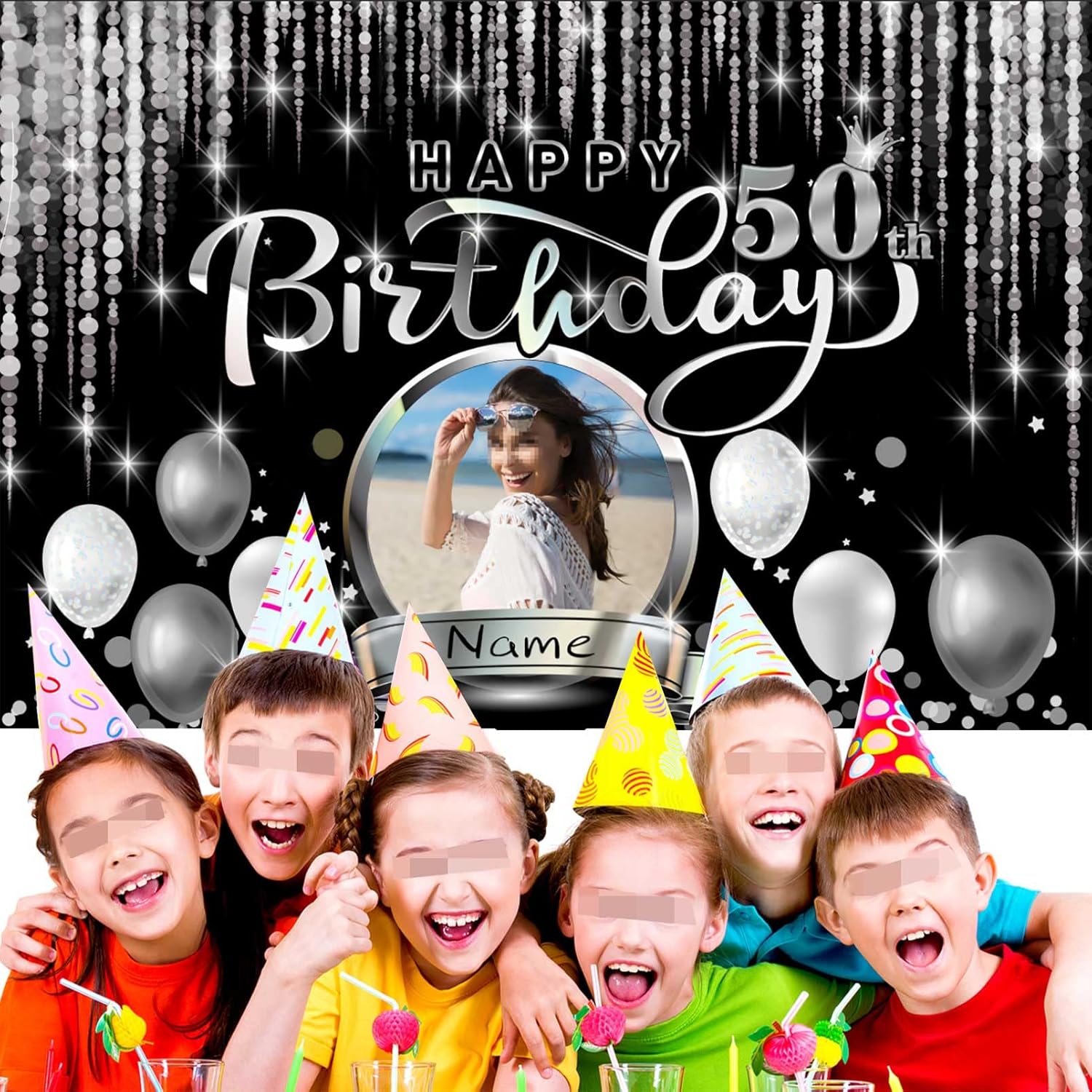 Cartel de decoración de feliz cumpleaños 50 personalizado – Personalización disponible – Negro y plateado – Tamaño grande – Admite fotos y nombres