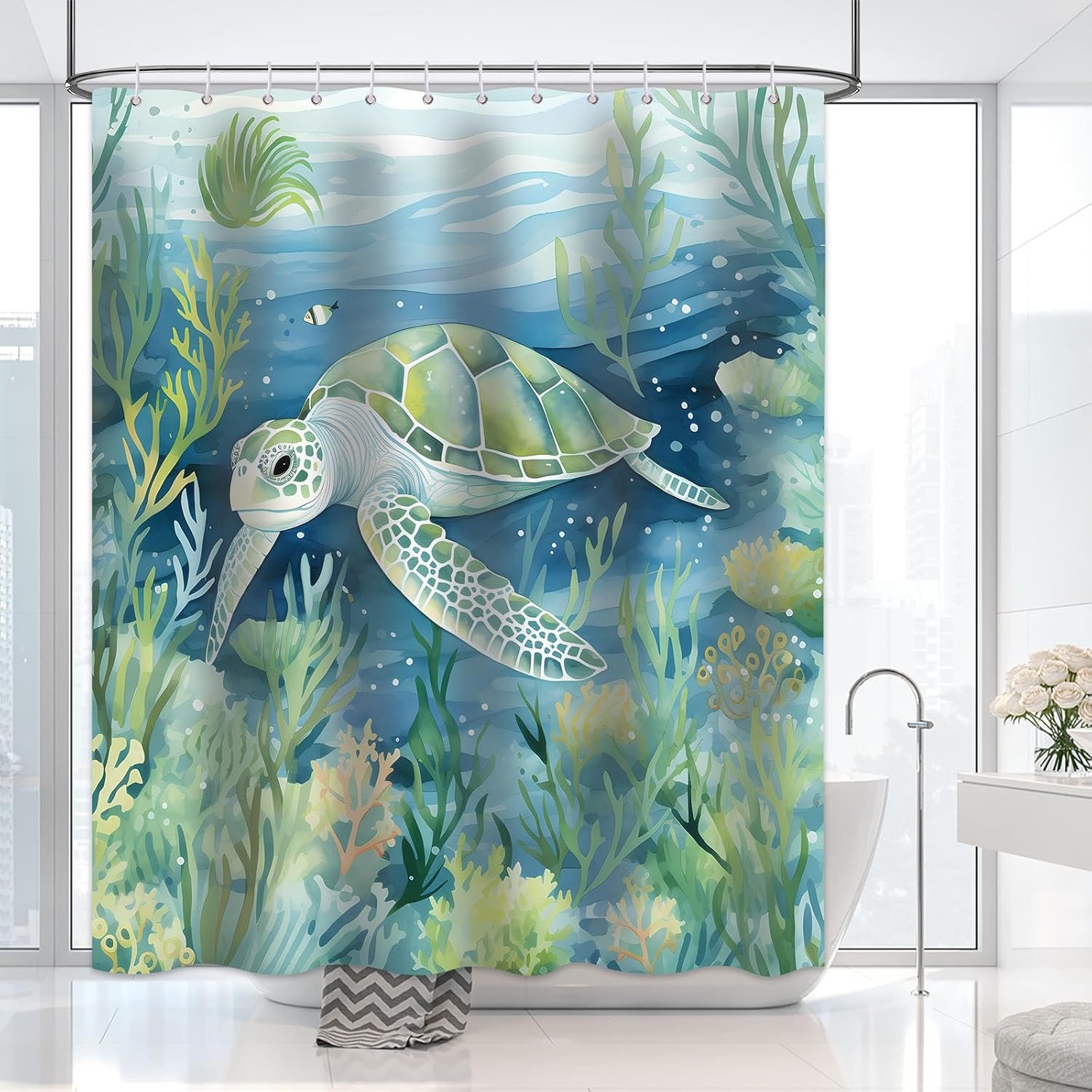 Cortina de ducha de tortuga marina, cortina de baño azul y verde azulado océano, peces bajo el agua, conchas marinas, planta acuática, juego de