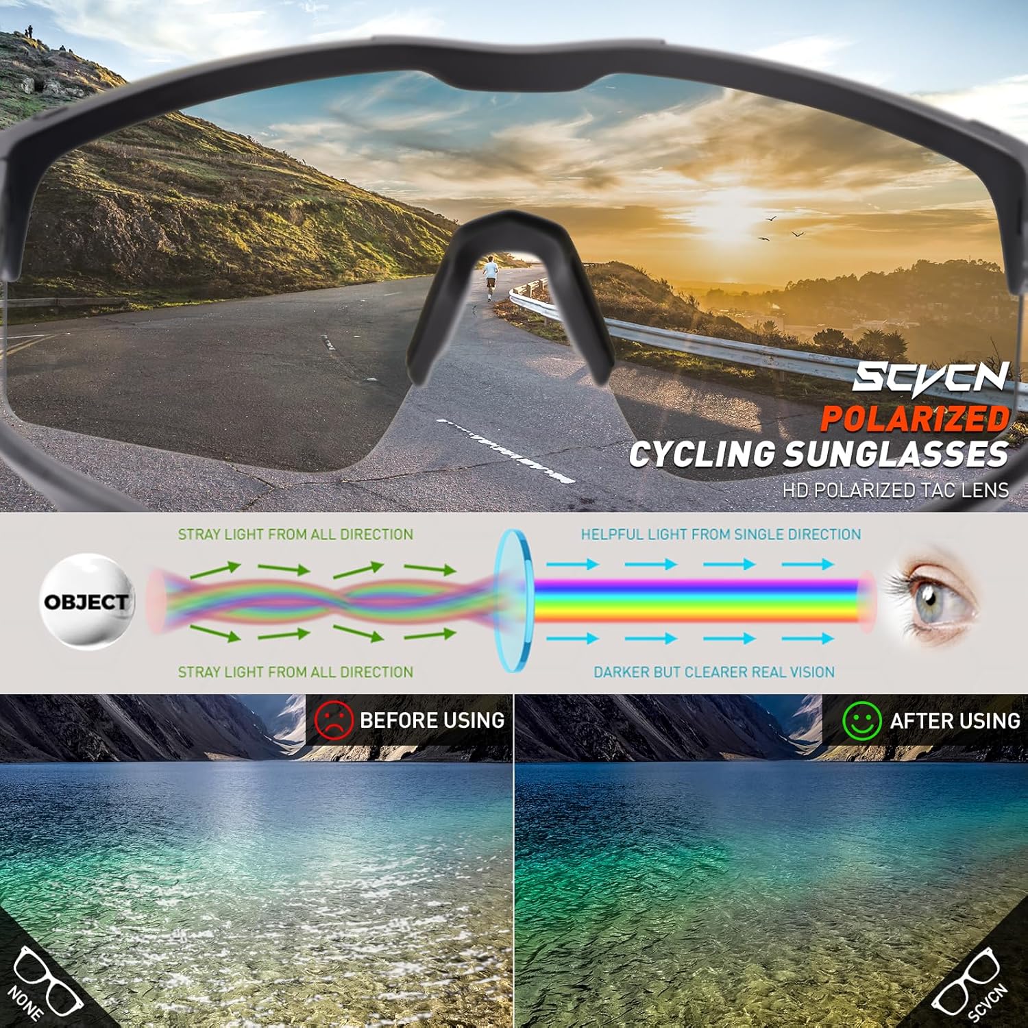 SCVCN Gafas de sol polarizadas para ciclismo, deportes, hombres y mujeres, MTB para montar en bicicleta de montaña, béisbol, correr, pesca