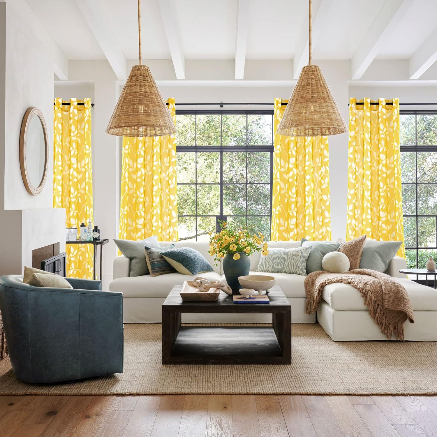XTMYI Cortinas amarillas de 108 pulgadas de largo para sala de estar, juego de 2 paneles de hojas transparentes con estampado floral, cortinas