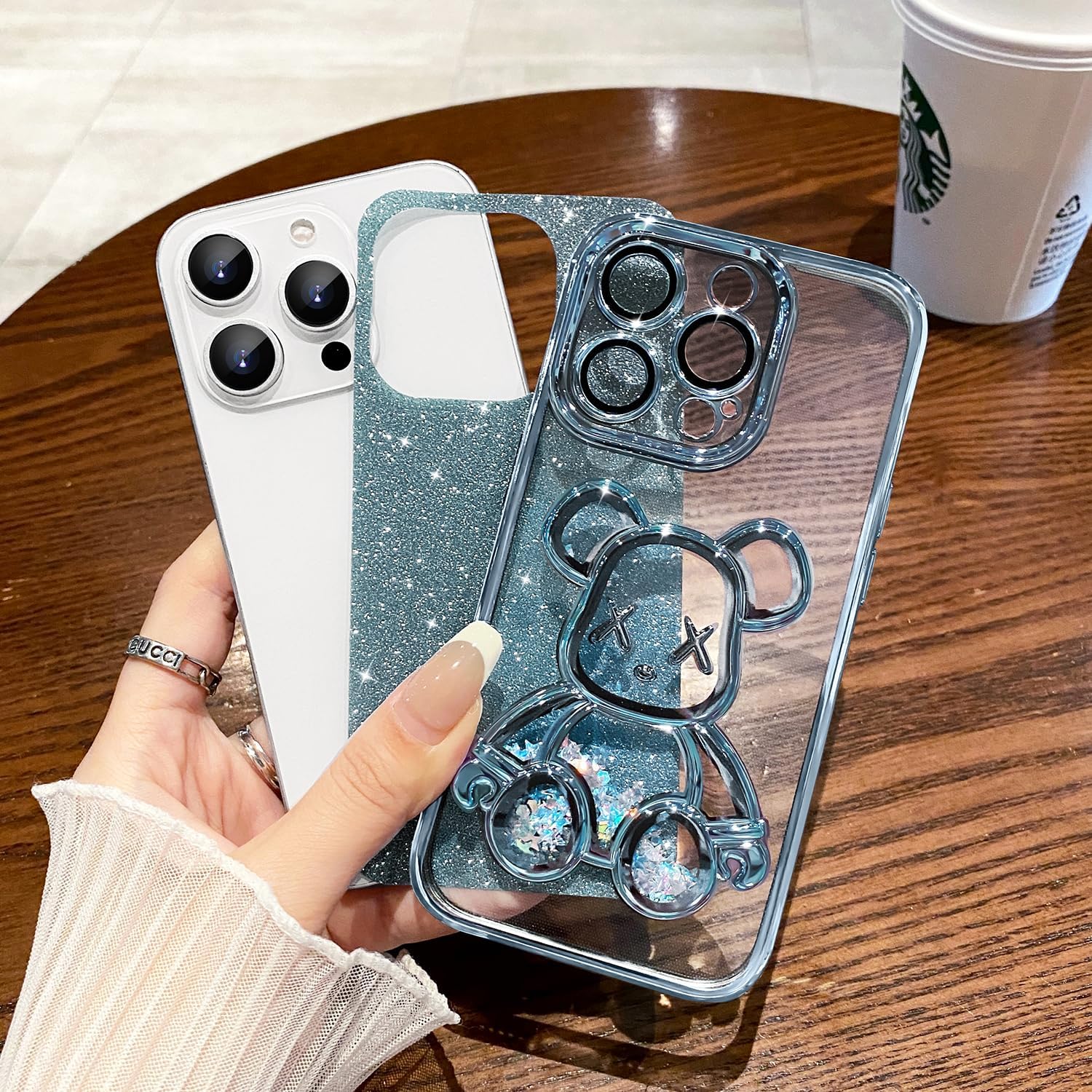 MANLENO Funda galvanizada con diseño de oso 3D para iPhone 15 Pro Max para mujer, funda protectora de cuerpo completo con purpurina flotante y