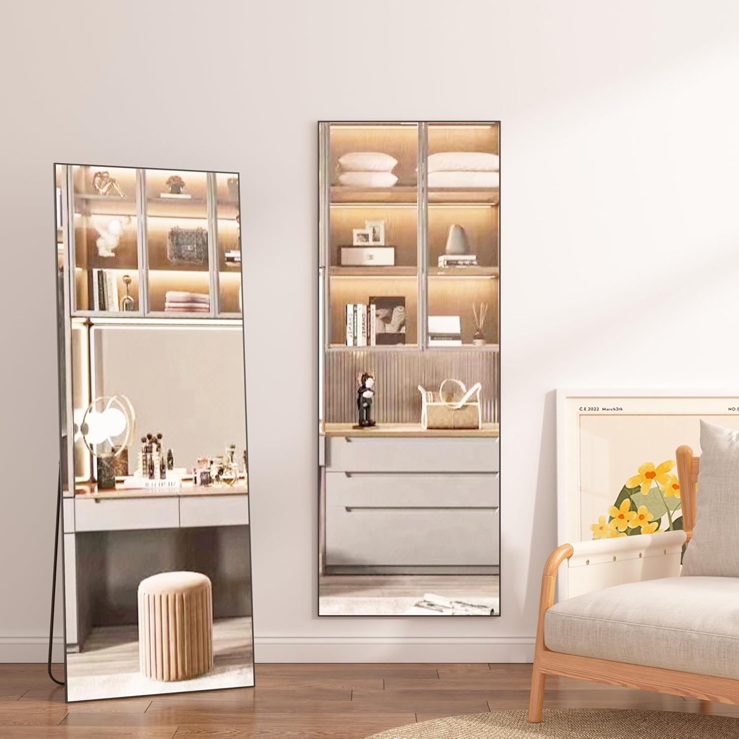 Ainqureen Espejo rectangular de longitud completa de 64 x 21 pulgadas, marco de aluminio, para pared e inclinado, espejo negro grande para