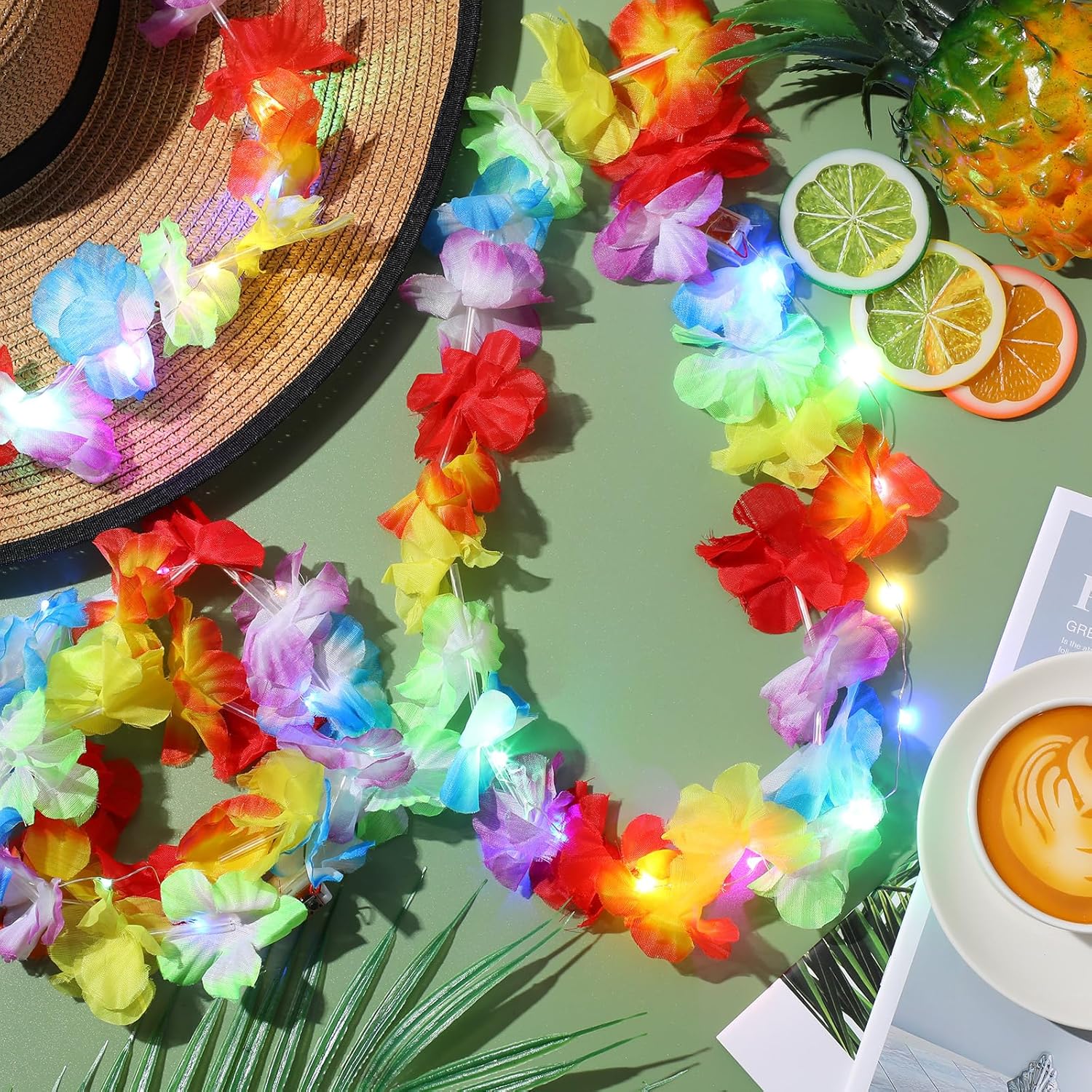 Sherr 24 piezas de Leis hawaiano con luz LED, collar de Leis hawaiano con luces LED, suministros de fiesta de carnaval tropical Luau Leis para