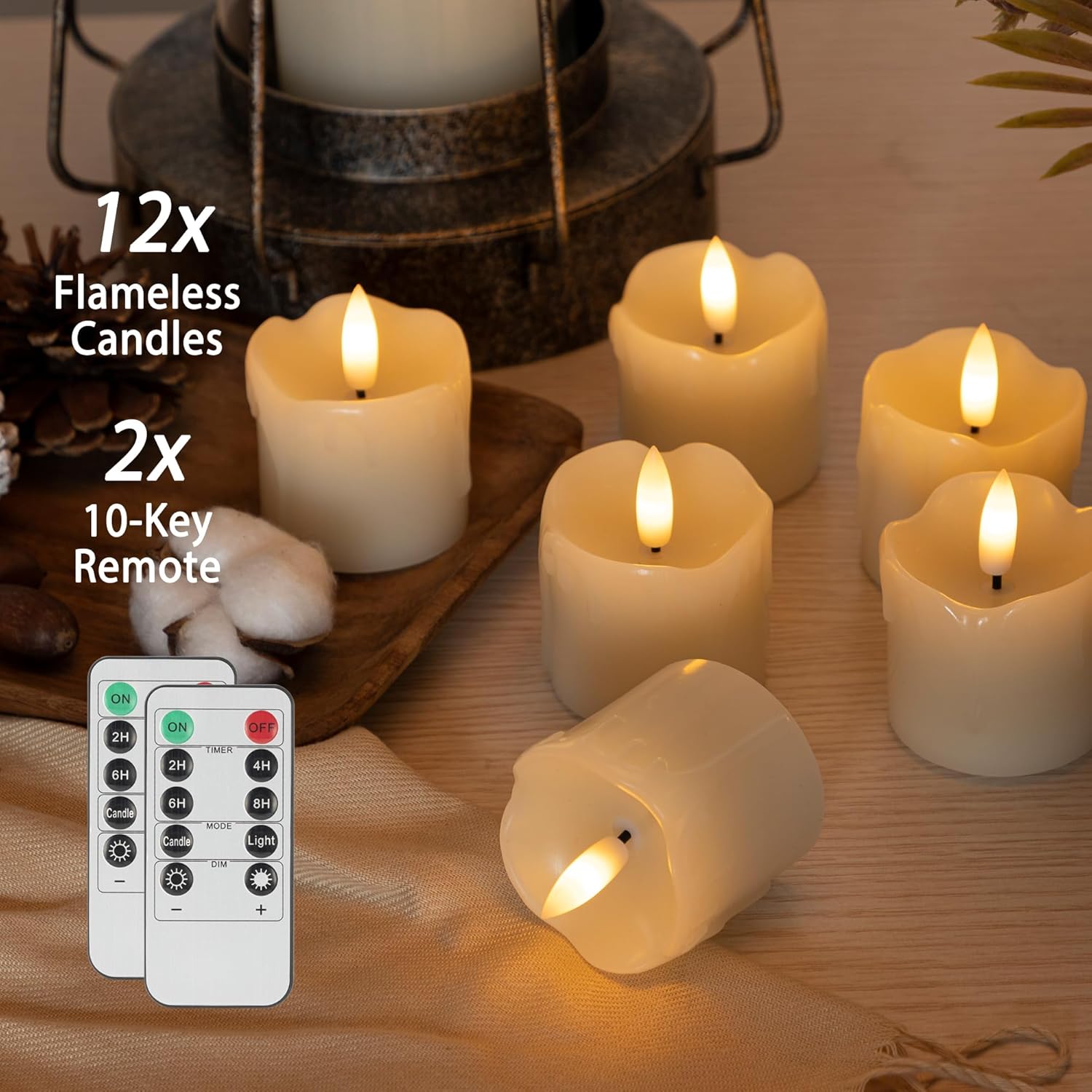 Velas votivas sin llama, velas LED sin goteo de 2 x 2 pulgadas con dos controles remotos, velas parpadeantes de cera real, paquete de 12 velas