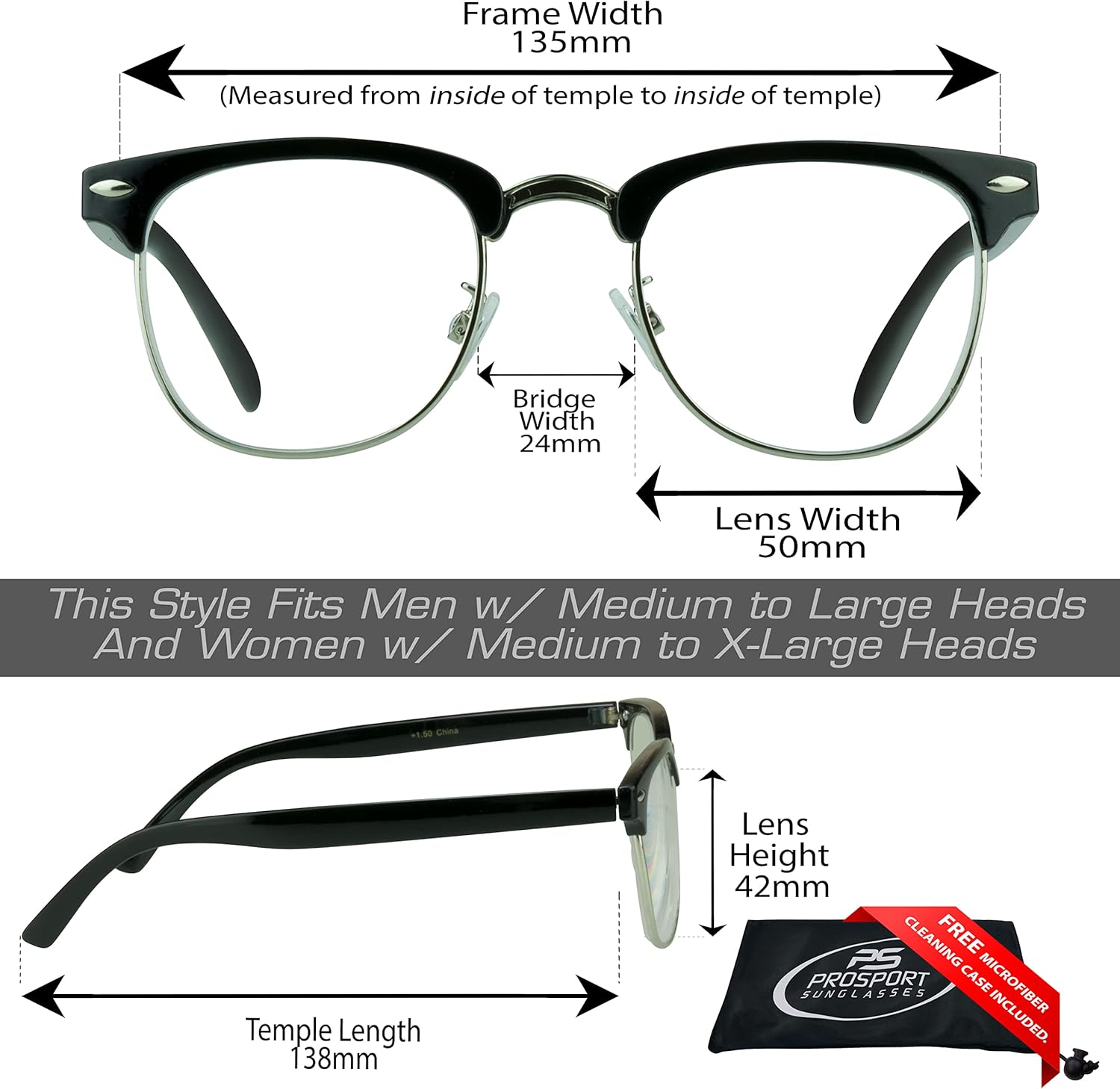 proSPORT Gafas de lectura con montura de cuerno, vintage, clásicas, semi sin montura para hombres y mujeres, 2 pares combinados