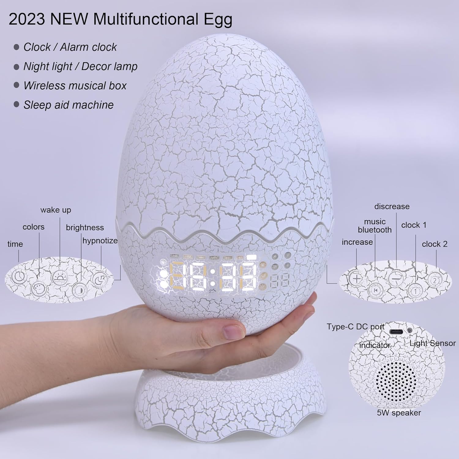 Unique Dragon Egg Alarm ClockNight LightLullaby White NoiseBluetooth Speaker 4-in-1, Remote Control 16 Colors & Brightness & Volume, for KidsAdult