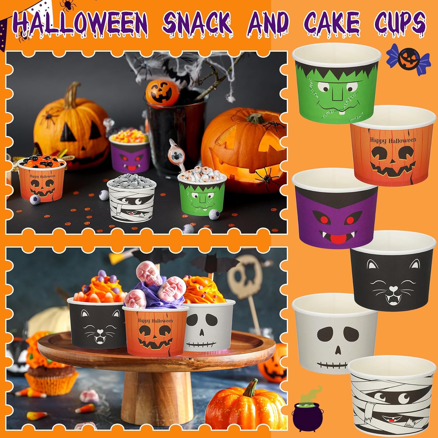 300 tazas desechables de 8 onzas para refrigerios de Halloween, cuencos de postre, tazas de calabaza, vasos de papel de esqueleto, tazas de helado