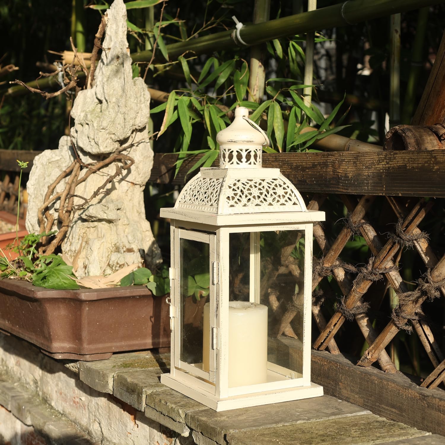 DECORKEY Farol decorativo para interiores y exteriores, faroles grandes de 14.4 pulgadas con vidrio, portavelas de metal colgantes vintage para mesa - Imagen 8