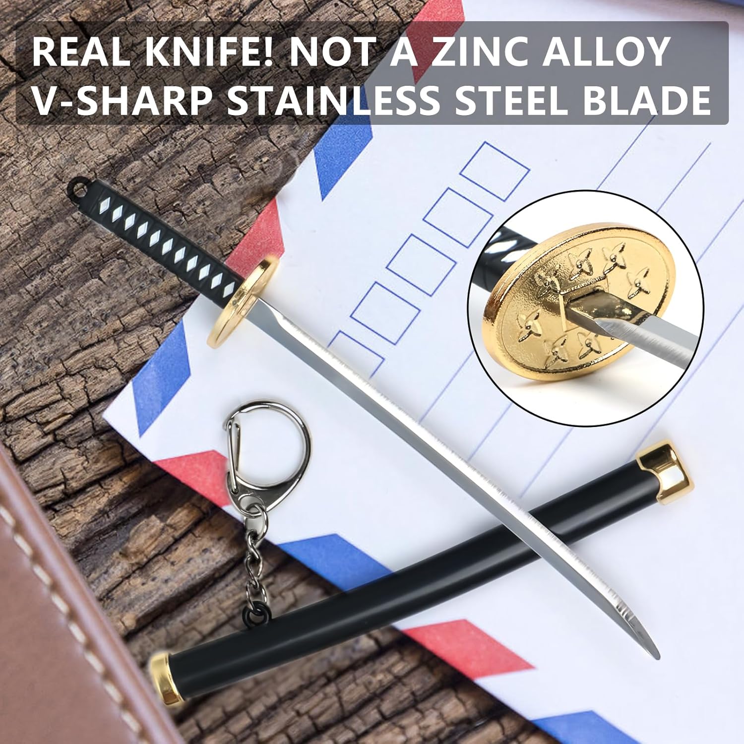SHARP CASTLE Mini katana japonesa, cuchillo de acero inoxidable ultra afilado de 5.7 pulgadas con vaina, llavero Katana de anime, cortador de