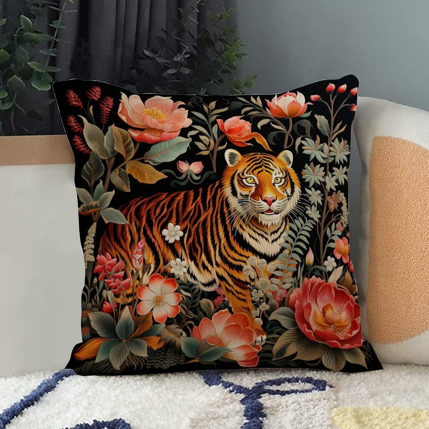 popeven Funda de almohada con cremallera y diseño de animales con cremallera, diseño de rayas de tigre colorido, chinoiserie, para el hogar,