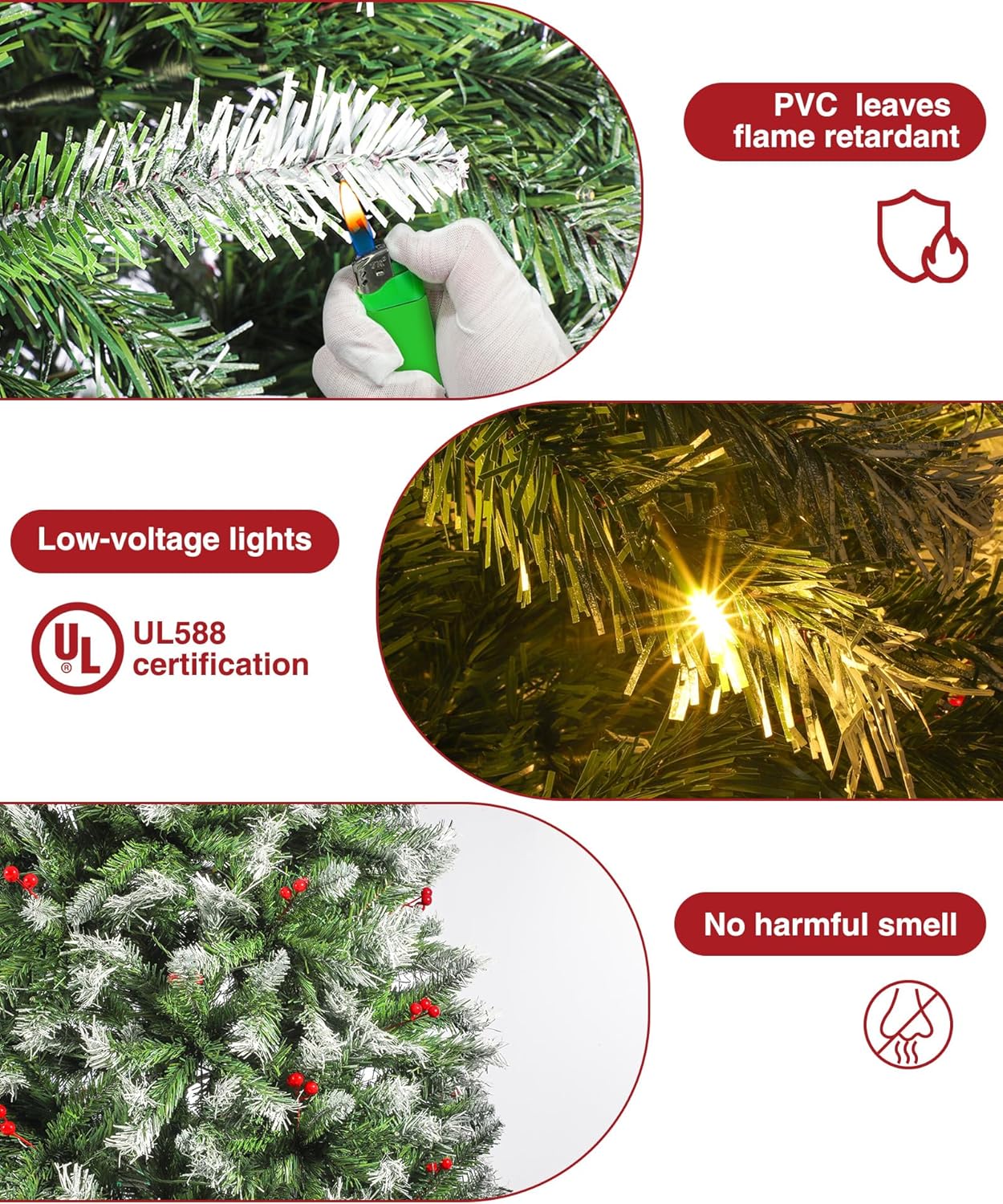 Árbol de Navidad artificial preiluminado de 6 pies, pinos de Navidad con 250 luces blancas cálidas, 818 puntas de rama, 58 bayas, bolsa de