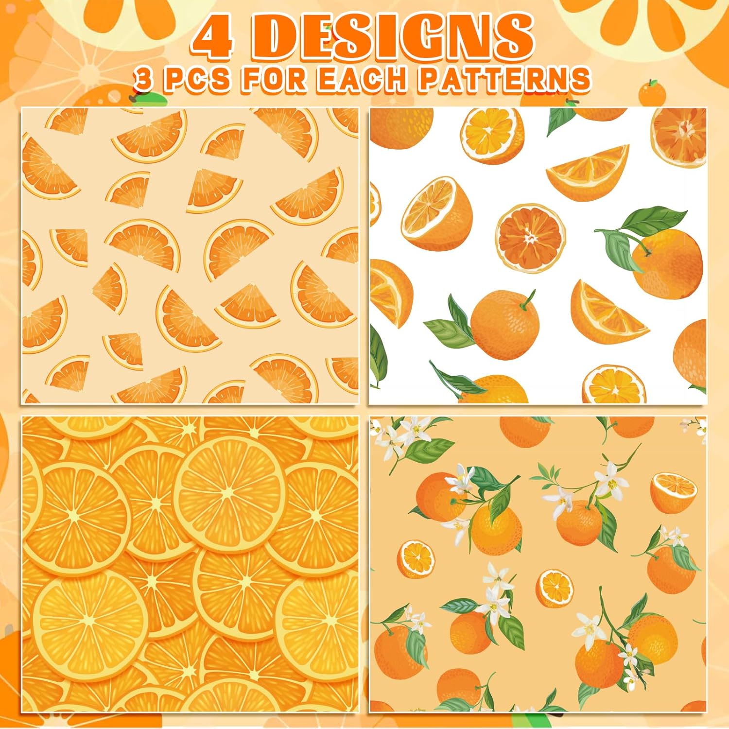 AnyDesign 12 hojas de papel de regalo de frutas, 4 diseños, acuarela naranja, papel de regalo plano plegado, papel de arte cítrico para cumpleaños,