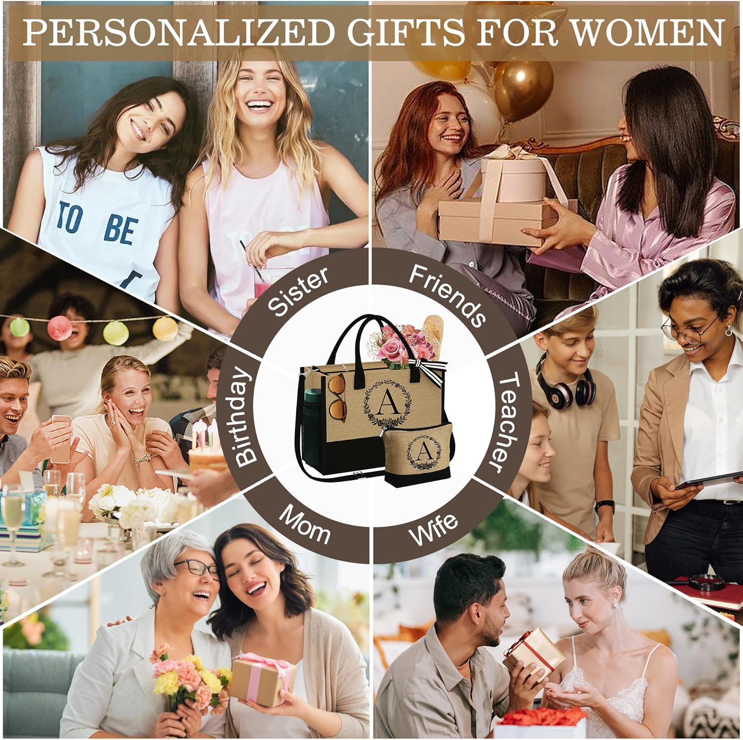 Bolsa de yute personalizada con monograma y bolsa de maquillaje, regalos para mujeres, mamá, amiga, dama de honor, cumpleaños