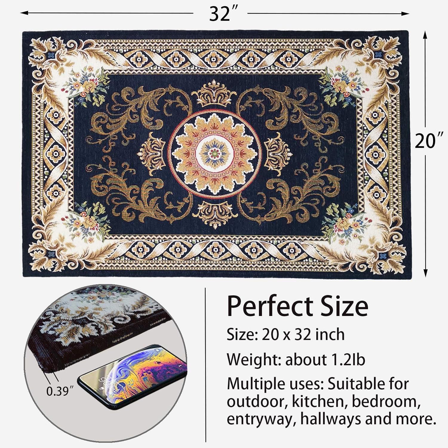 Tapete para interiores para puerta delantera, súper absorbente, de perfil bajo, antideslizante, duradero, para entrada, lavable a máquina, (32 x 20