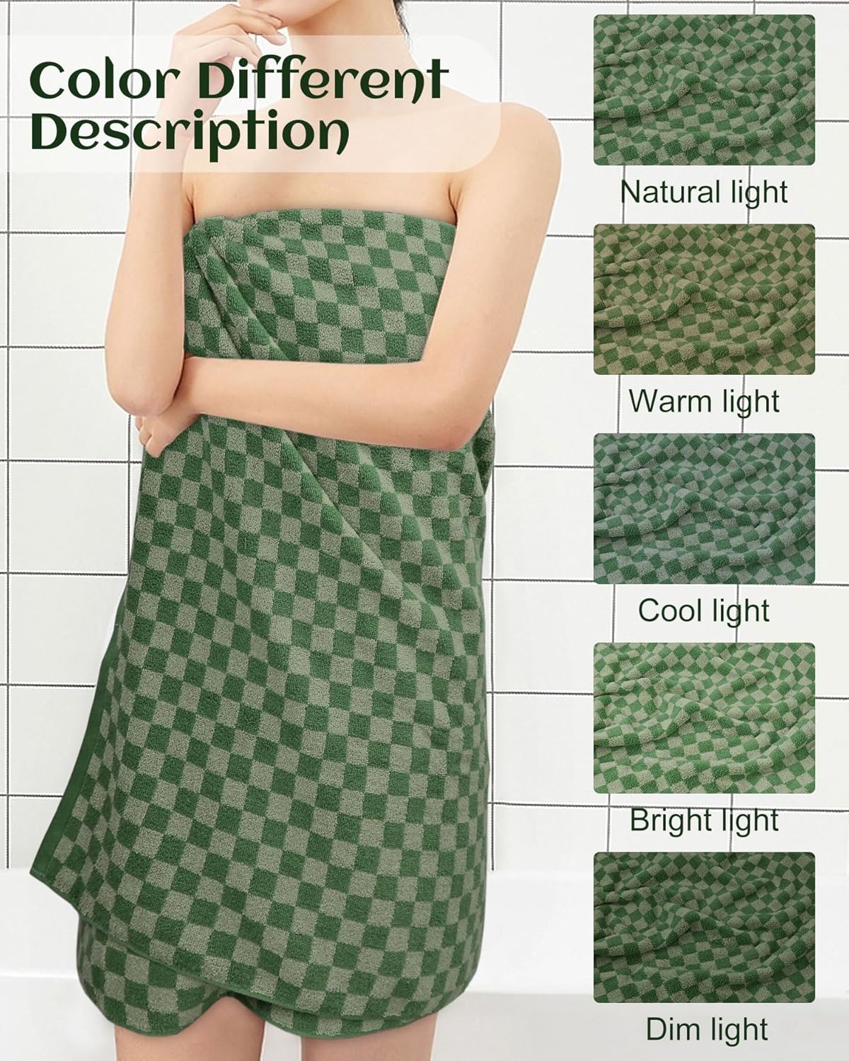Toallas de baño de lujo para baño, color verde a cuadros (54 x 28 pulgadas), toallas de ducha de algodón suave y absorbente de 480 GSM, paquete de