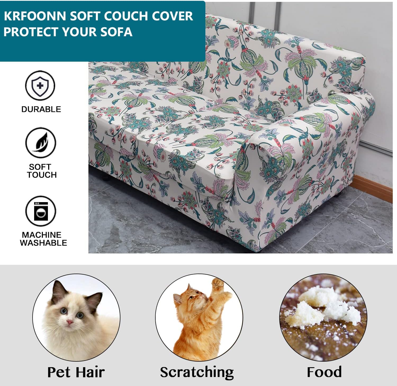 KRFOONN Funda de sofá de 4 piezas con estampado para sofás de 3 cojines, funda de sofá de alta elasticidad con 3 fundas de cojín de asiento