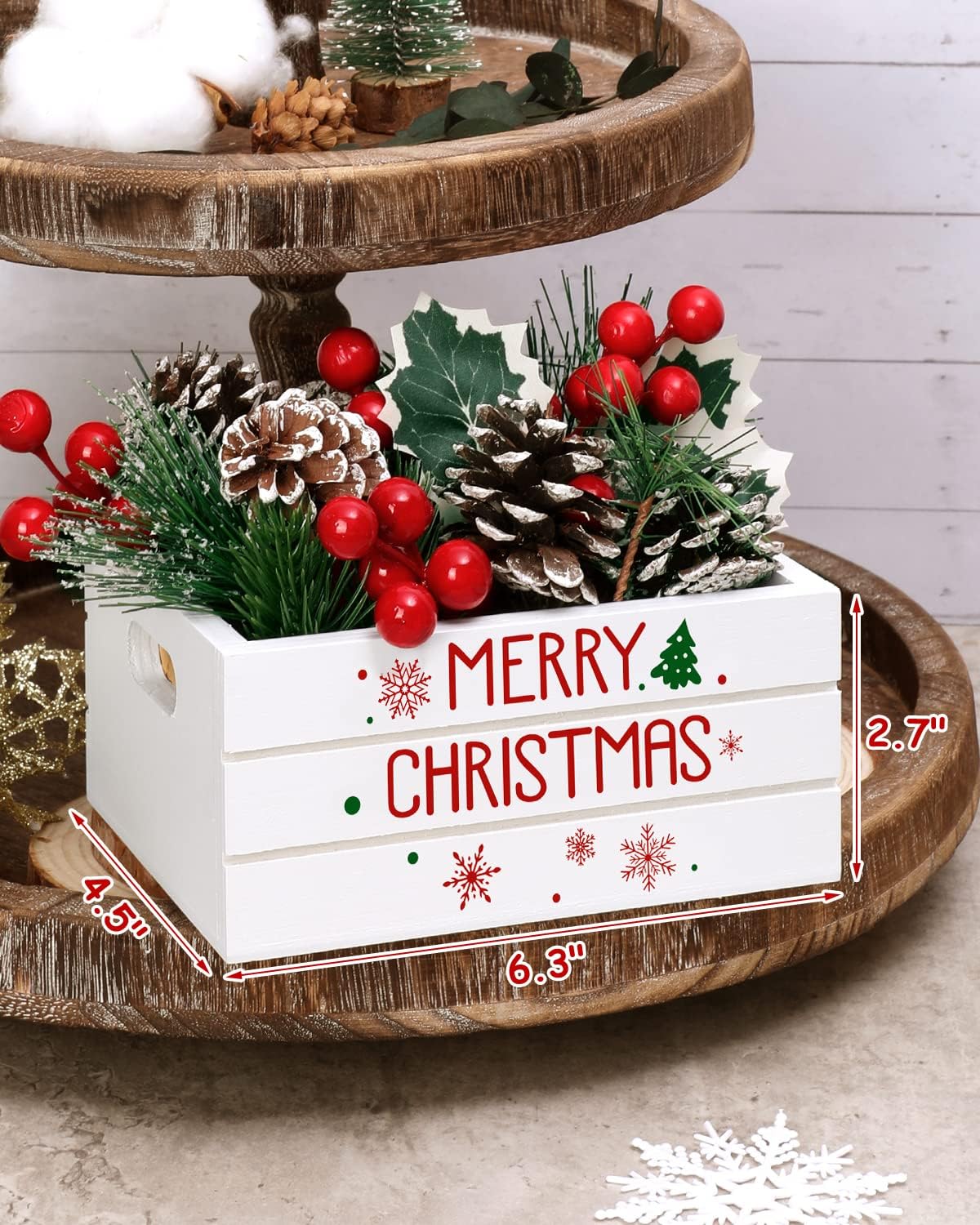 Huray Rayho Centro de mesa de Navidad, 26 piezas, decoración de bandeja escalonada, flor de pino artificial con piñas, bayas rojas, mini cesta de