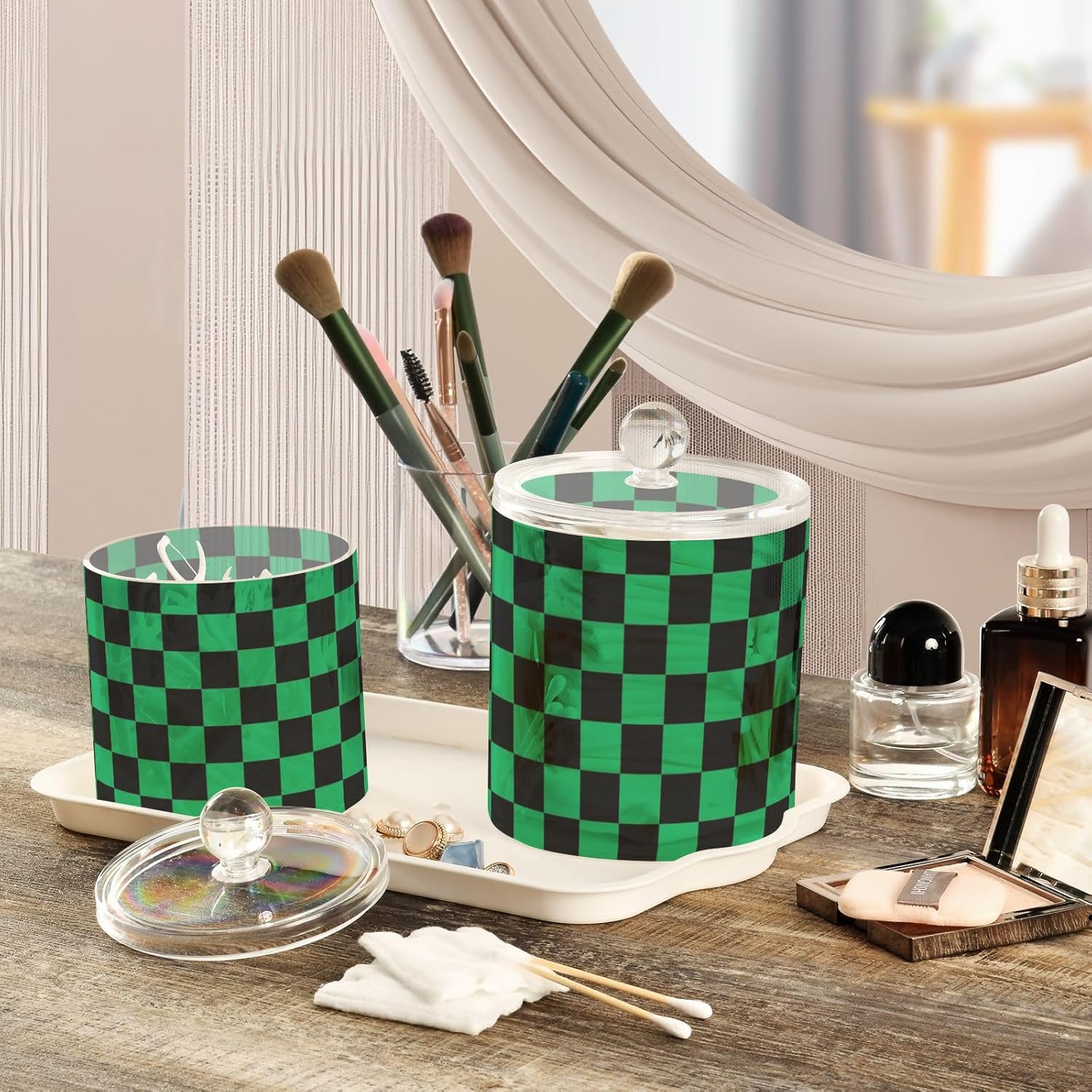 Black Green Squares Jars with Lids Canister Jar Bathroom Containers Small Jars Cotton Swab Dispenser for Dorm Room Essentials for College Students