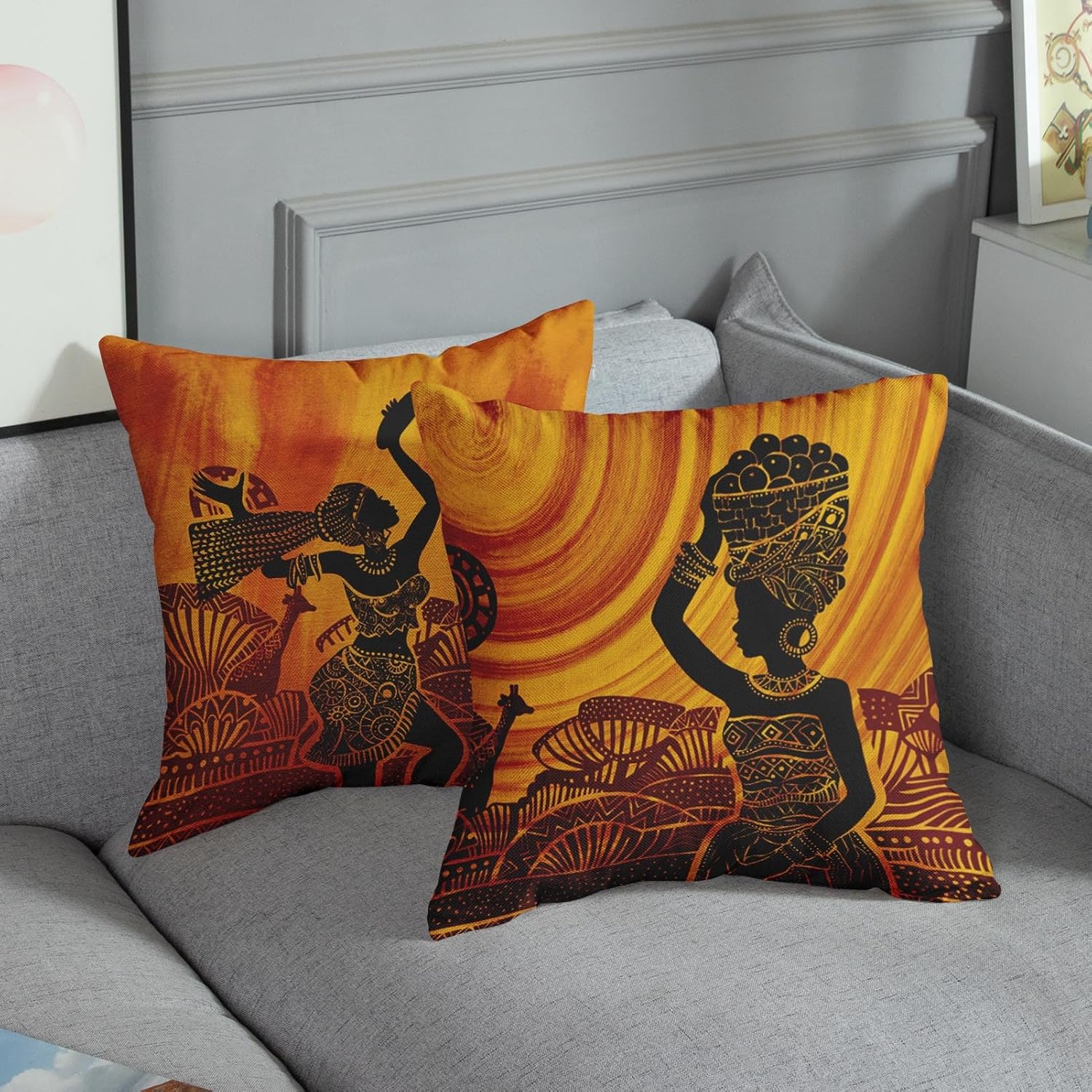 Sanwarm Juego de 4 fundas de almohada decorativas para decoración del hogar, para mujeres africanas, musicales, de 18 x 18 pulgadas, para