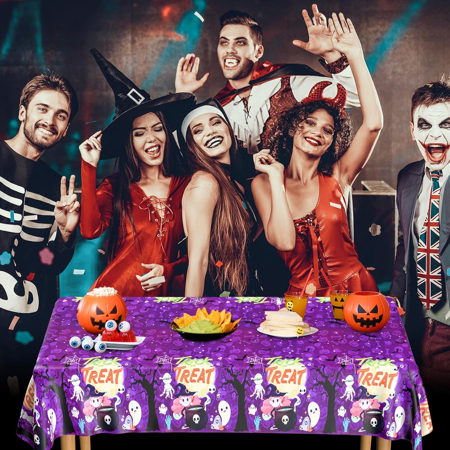 PLULON Mantel de Halloween de 54 x 108 pulgadas, mantel de plástico con diseño de murciélago zombi para decoración de mesa de cena de vacaciones,