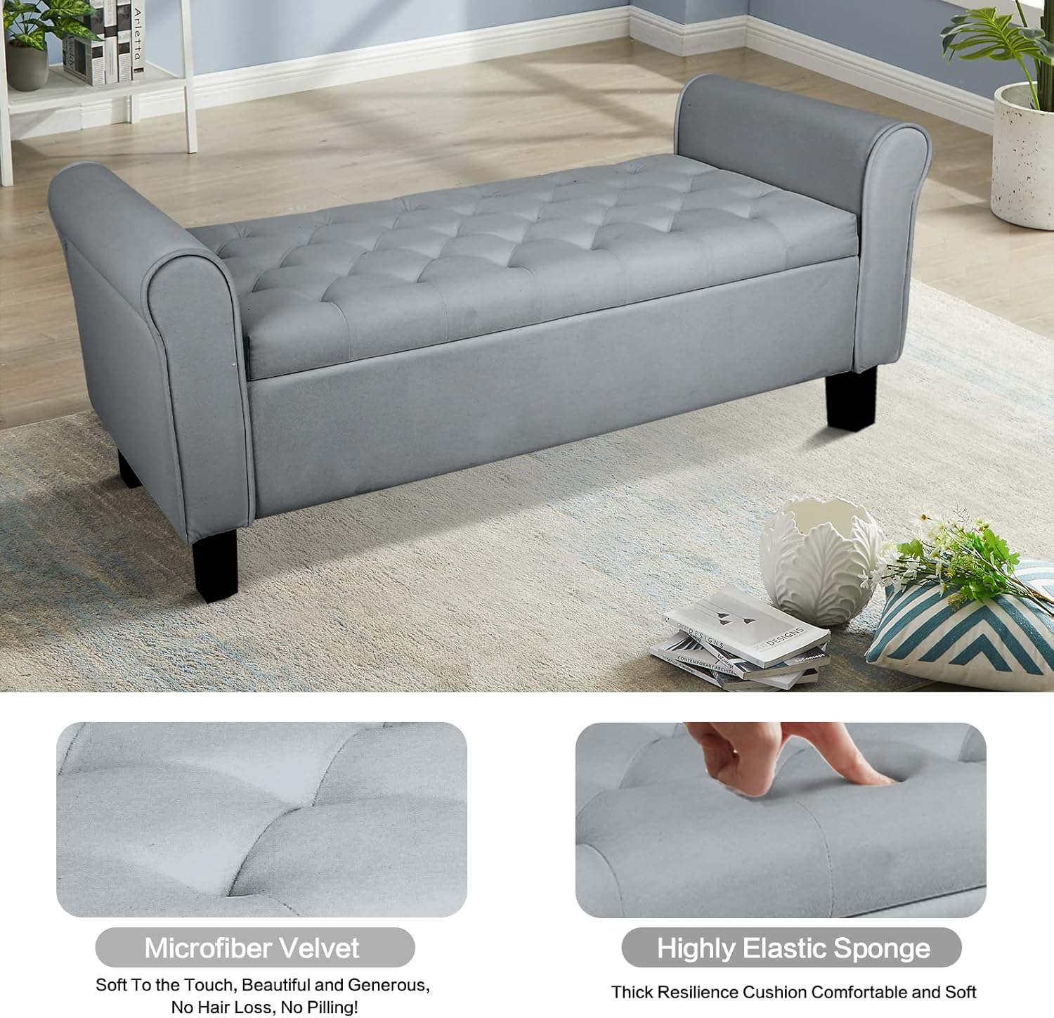 Banco otomano de almacenamiento con brazos, banco de terciopelo para dormitorio, banco de almacenamiento con botones para entrada, sala de estar,