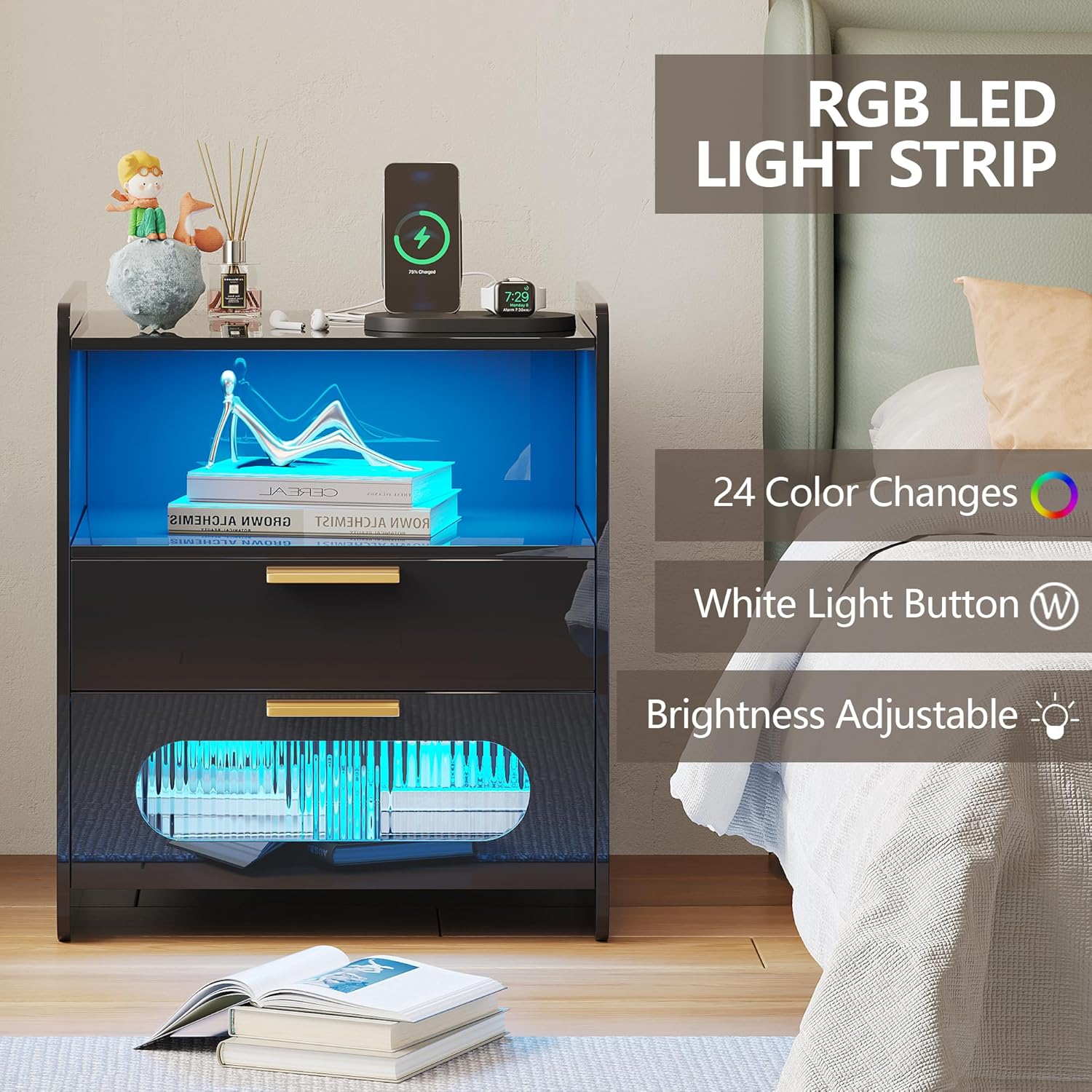 dnbss Mesita de noche RGB con estación de carga, moderna mesita de noche con cajones de almacenamiento de joyas, mesita de noche inteligente para