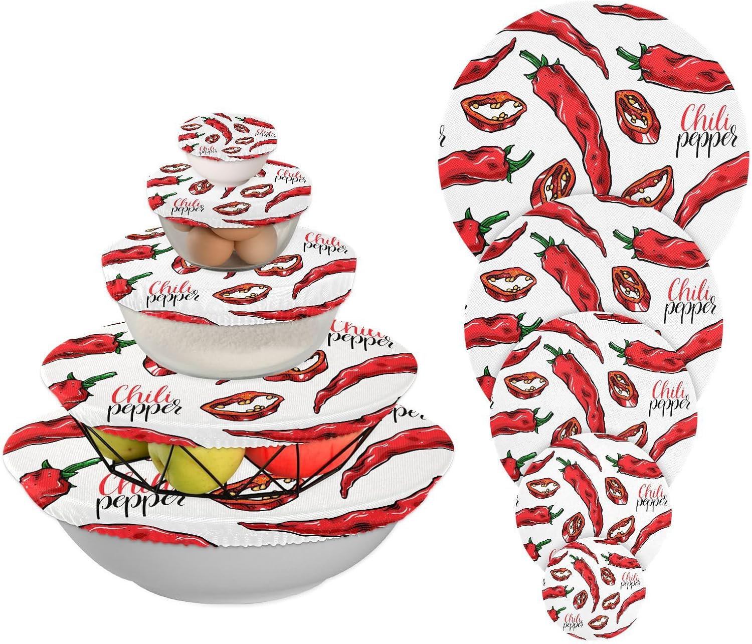 Chili Peppers – 5 fundas elásticas reutilizables para cuencos para almacenamiento de alimentos, tapas de tela elástica con 5 tamaños diferentes