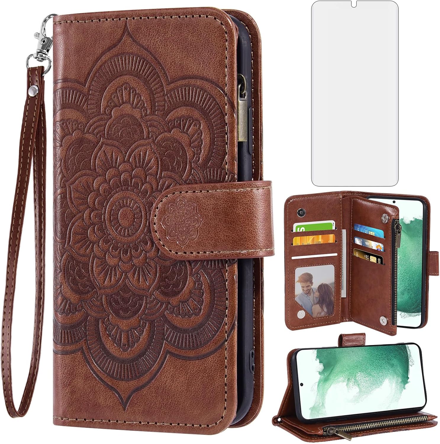 Asuwish Funda de teléfono para Samsung Galaxy S22 Plus S22+ 5G Funda tipo cartera con protector de pantalla de vidrio templado y soporte para
