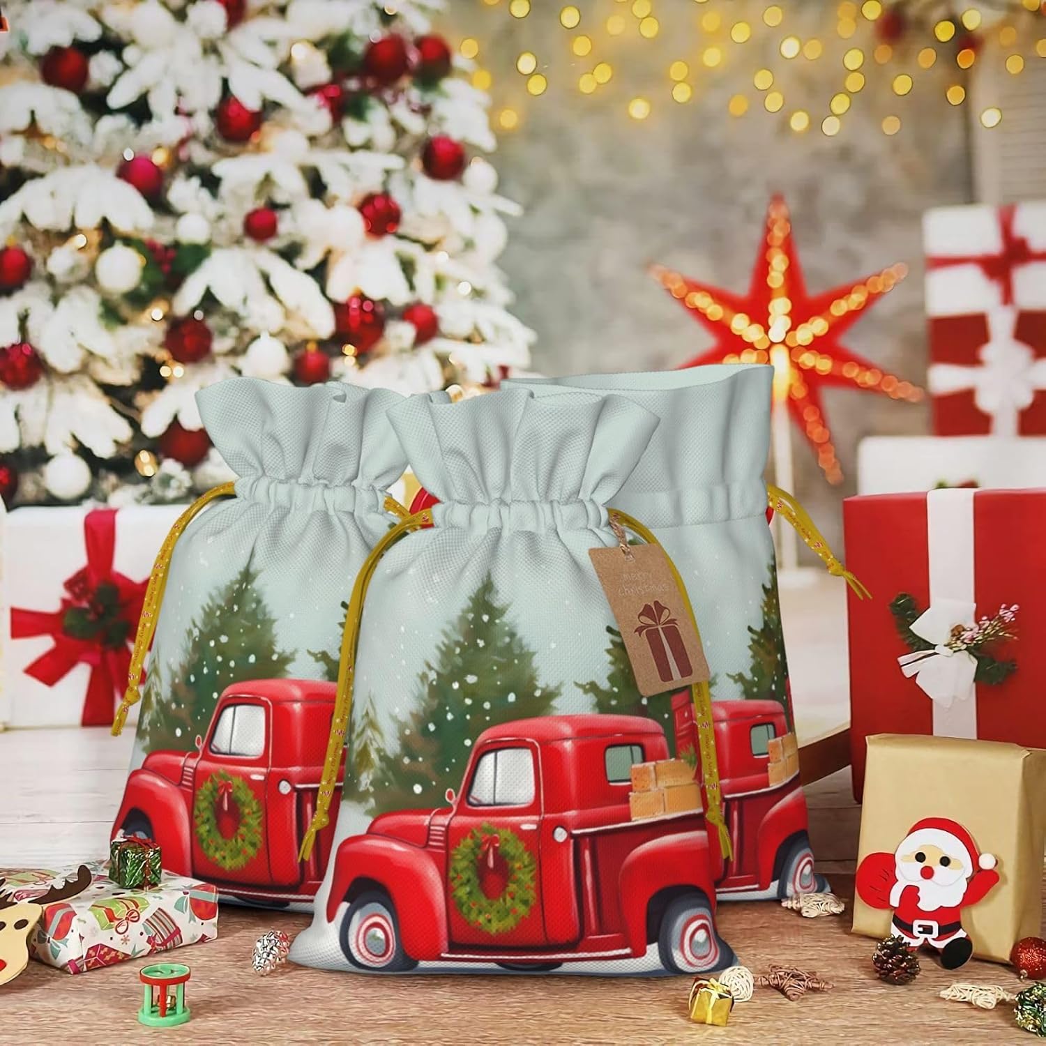 Zelamiee Bolsas de regalo de arpillera con cordón de muñeco de nieve de camión rojo, perfectas para Halloween, Acción de Gracias, Navidad,