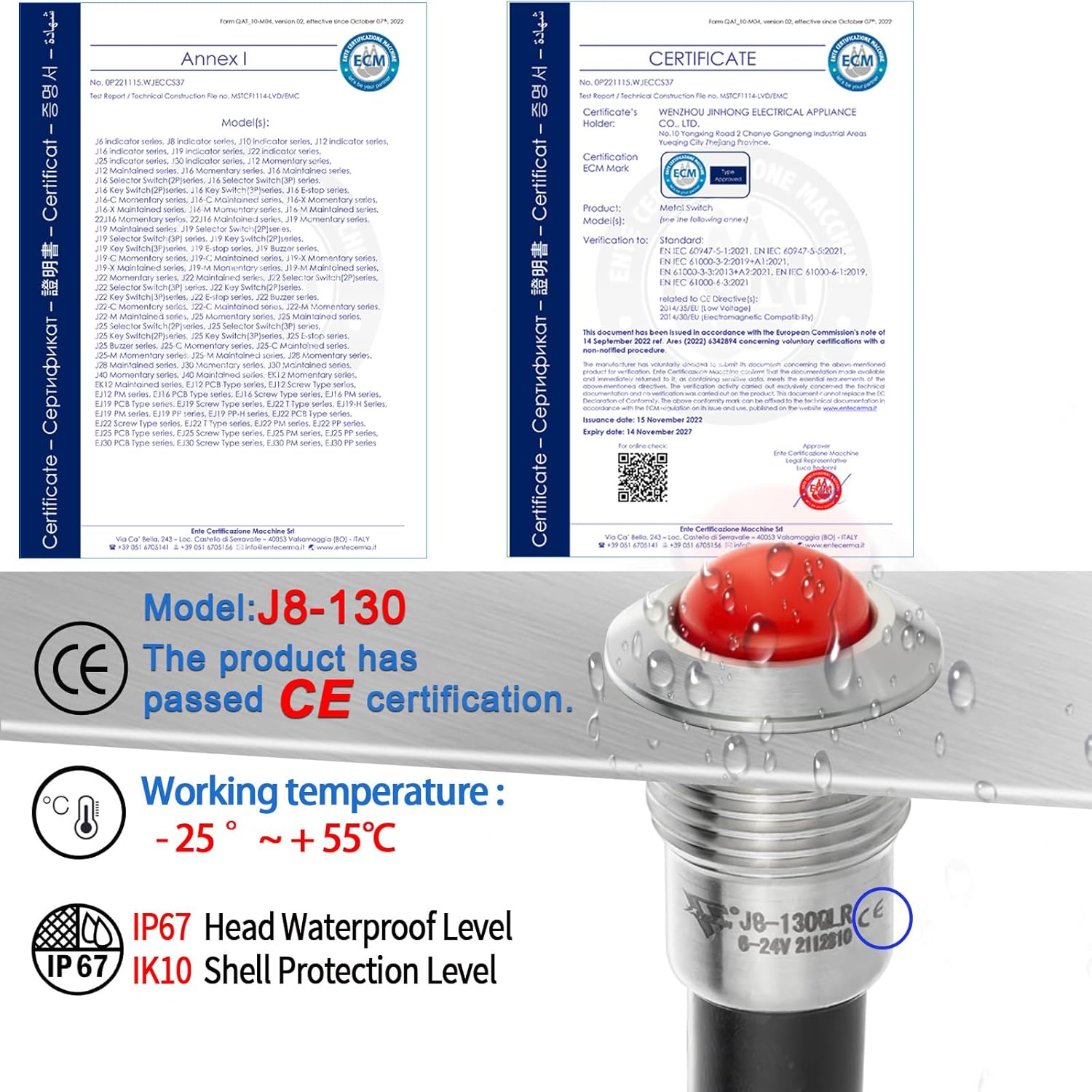 2 mini luces indicadoras de 0.315 in 0.31 pulgadas, 12 V-24 V, LED rojo, impermeable, IP67, cúpula, cabeza alta, lámpara de señal de acero