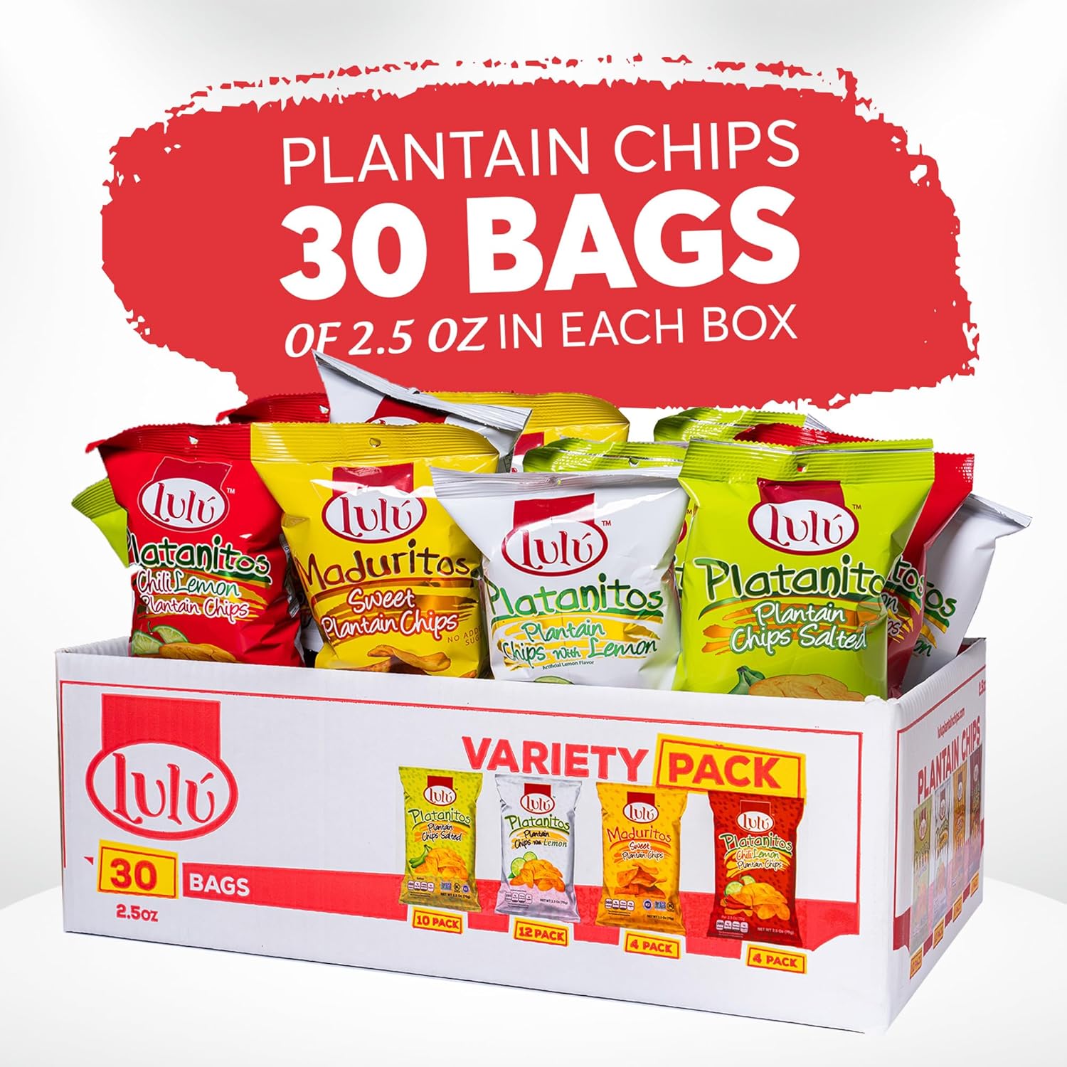 Lulu Caja variada de papas fritas de plátano, 30 bolsas surtidas, 12 limón, 10 saladas, 4 chiles, 4 dulces, veganas, 2.5 onzas, siempre crujientes