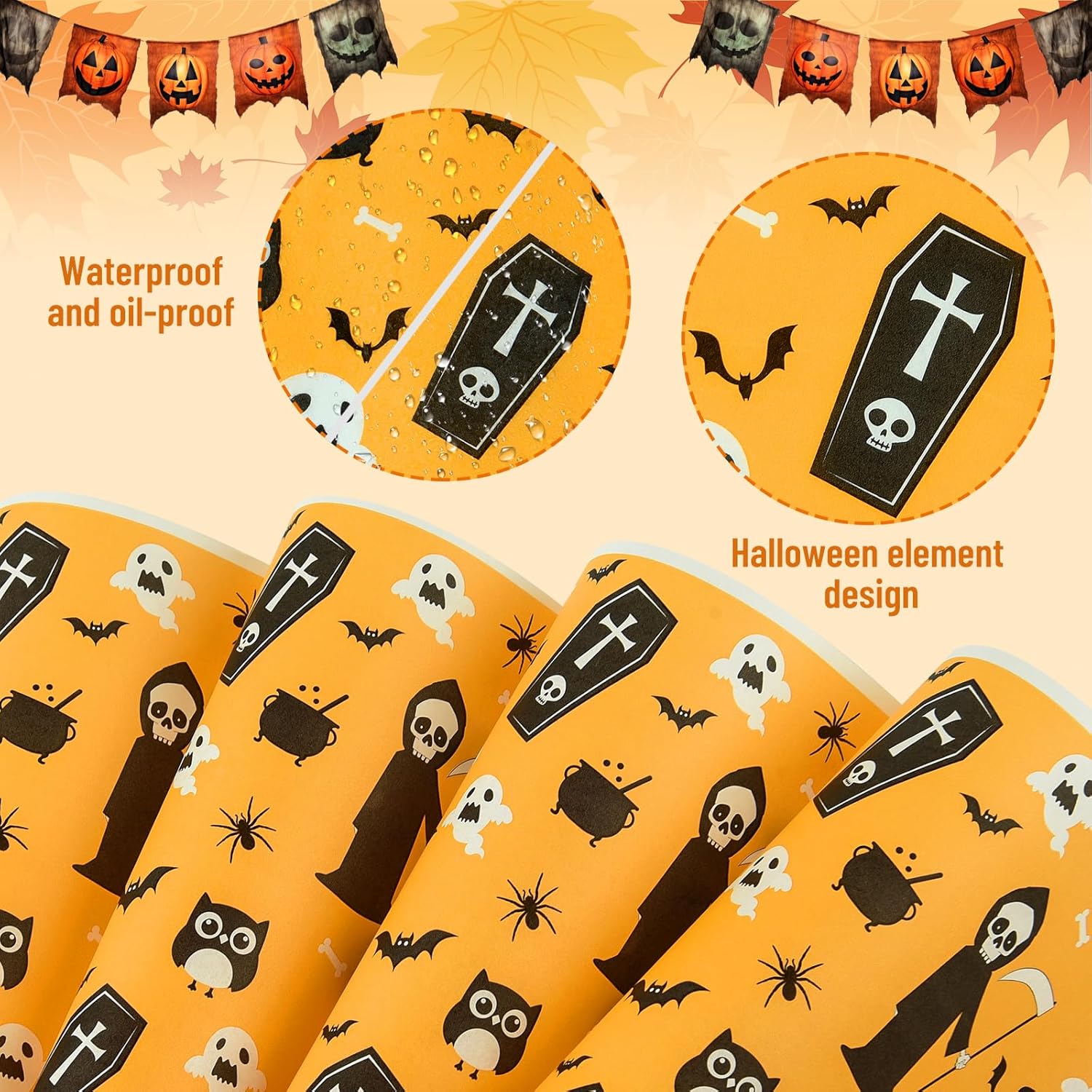 PLULON 200 hojas de papel encerado de Halloween para alimentos, papel de envoltura de sándwich, envolturas de picnic, forro de calabaza, fantasma,