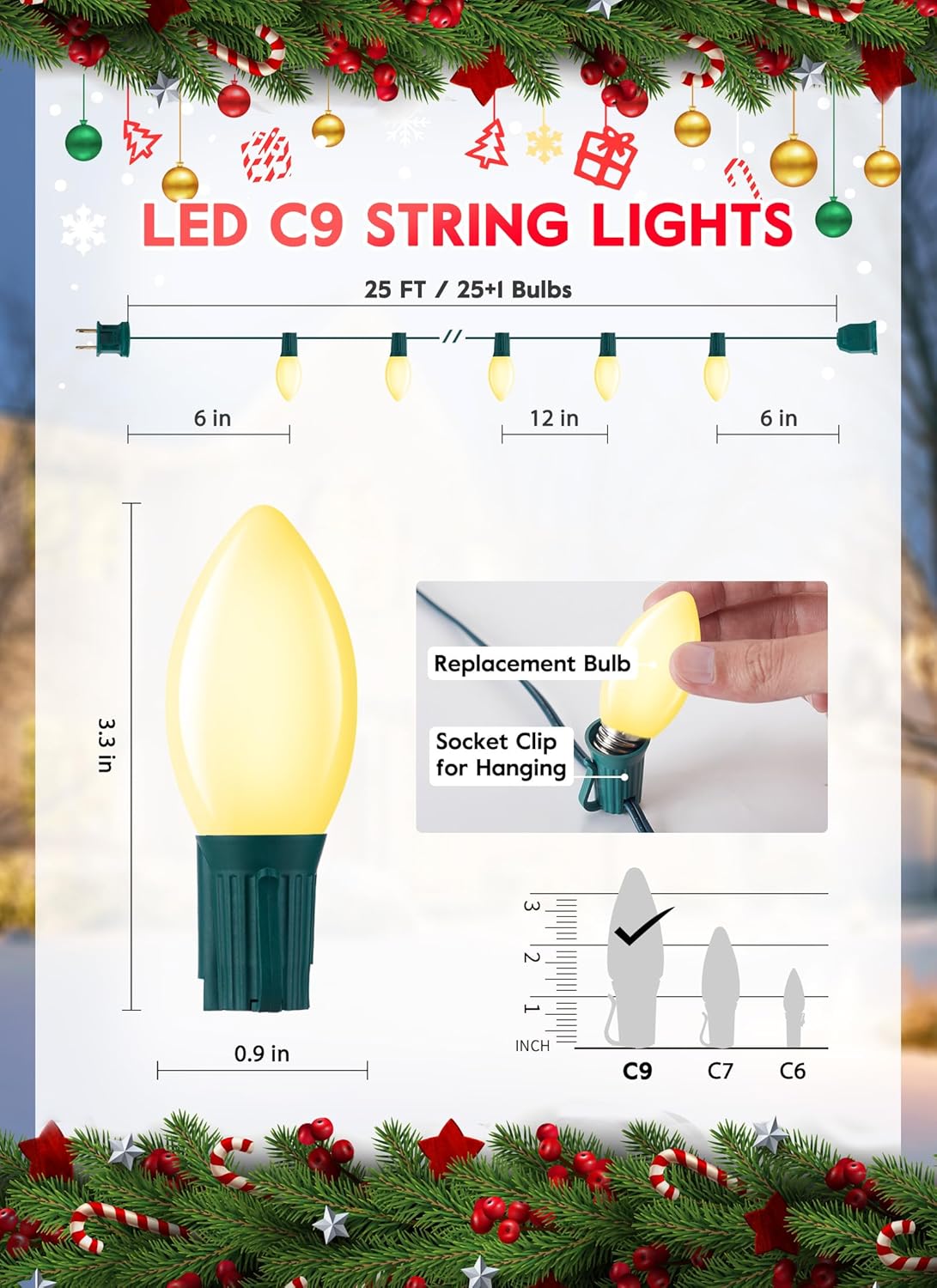 Luces LED vintage C9 de Navidad para exteriores, cadena de luces C9 de 25 pies con 25 bombillas mate inastillables, luces impermeables conectables