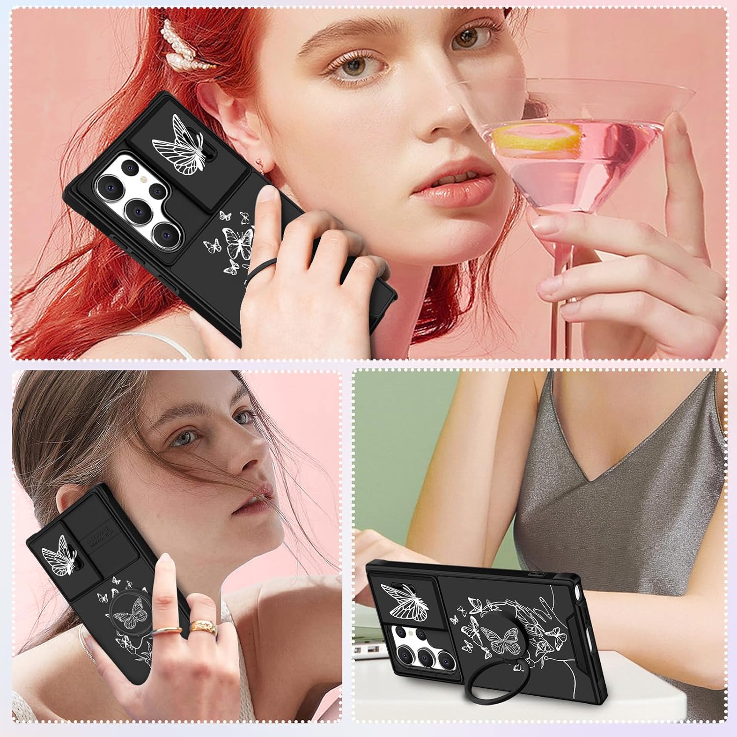 Funda 2 en 1 para Samsung Galaxy S22 Ultra para mujer, bonita funda de teléfono con diseño de mariposa blanca con funda para cámara y soporte de