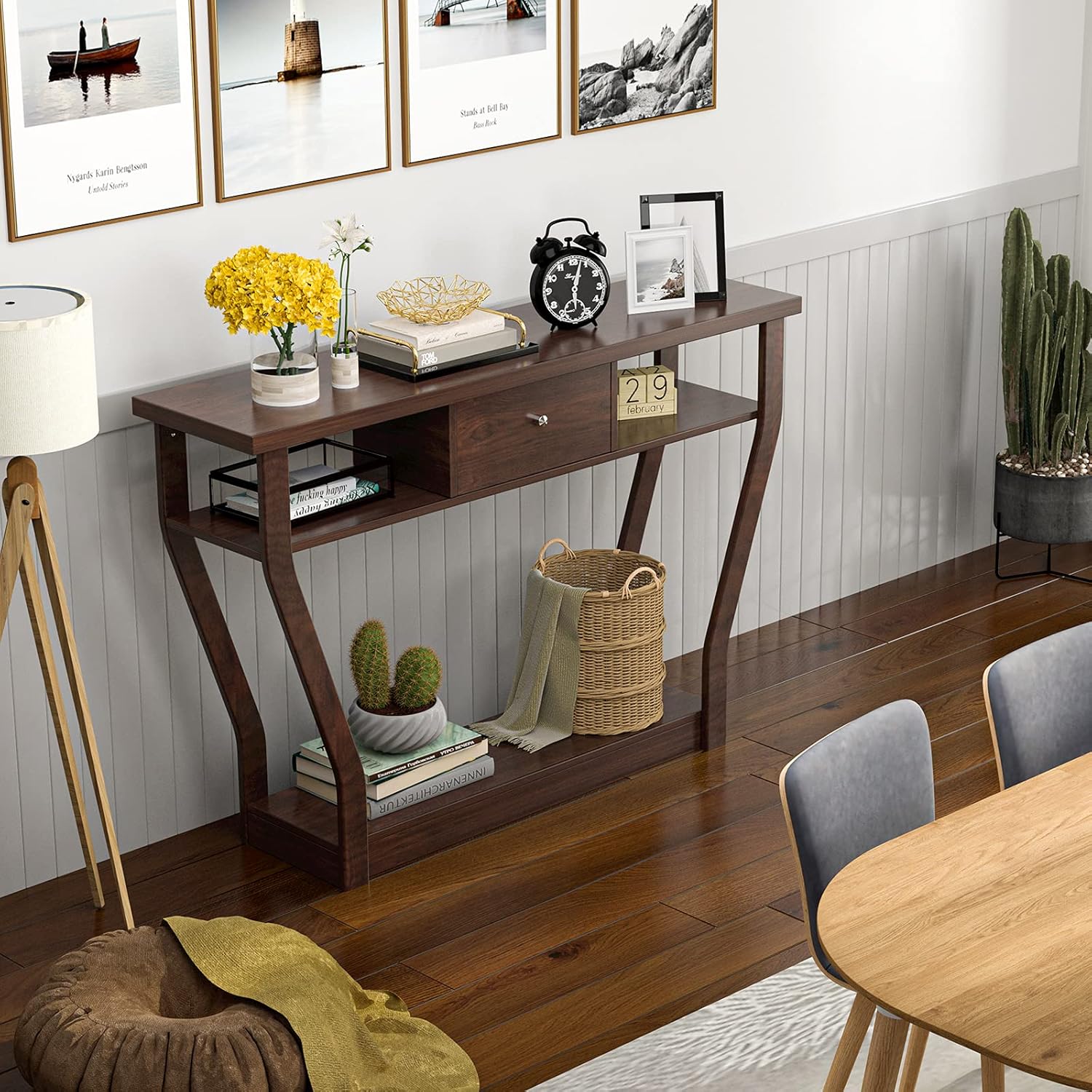WATERJOY Mesa decorativa de madera moderna de 47 pulgadas con cajón, estante inferior, muebles multifuncionales para el hogar, sala de estar,
