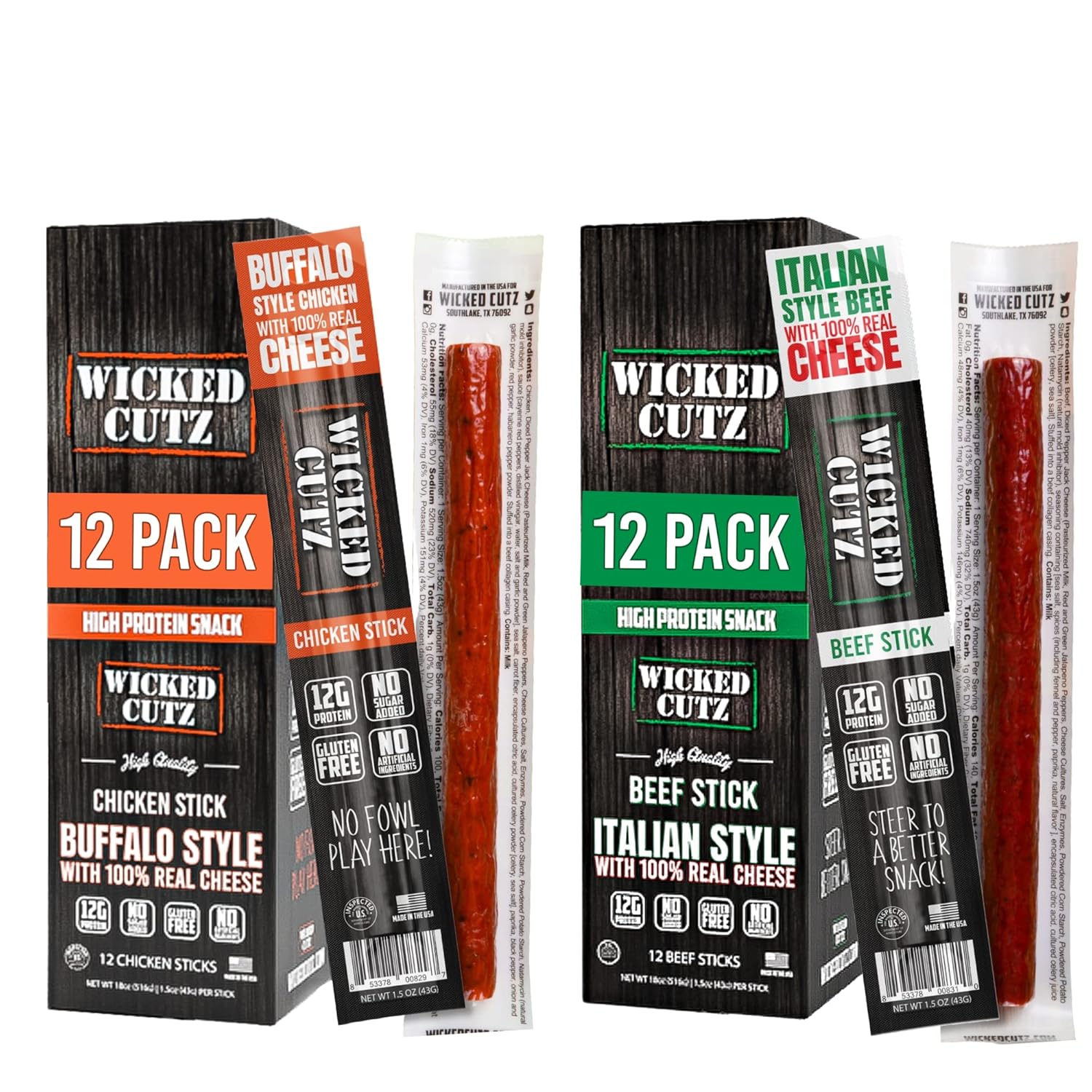 Paquete variado de palitos de carne y queso, queso Buffalo Chicken & Pepper Jack + palitos de carne italiana y queso con 0.42 oz de proteína por