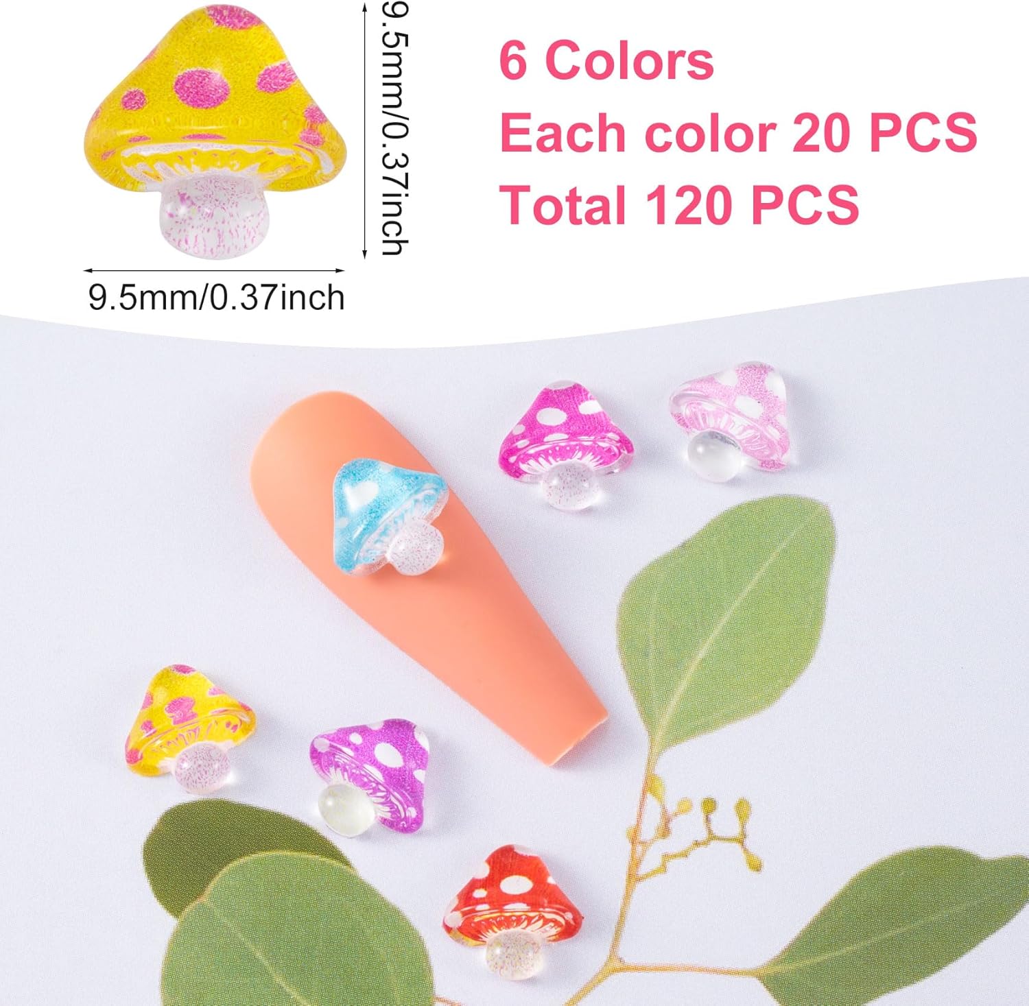 OIIKI – 120 dijes de uñas de hongos en 3D, bonito dije de purpurina para uñas artísticas, decoración de uñas de resina kawaii, diamantes de