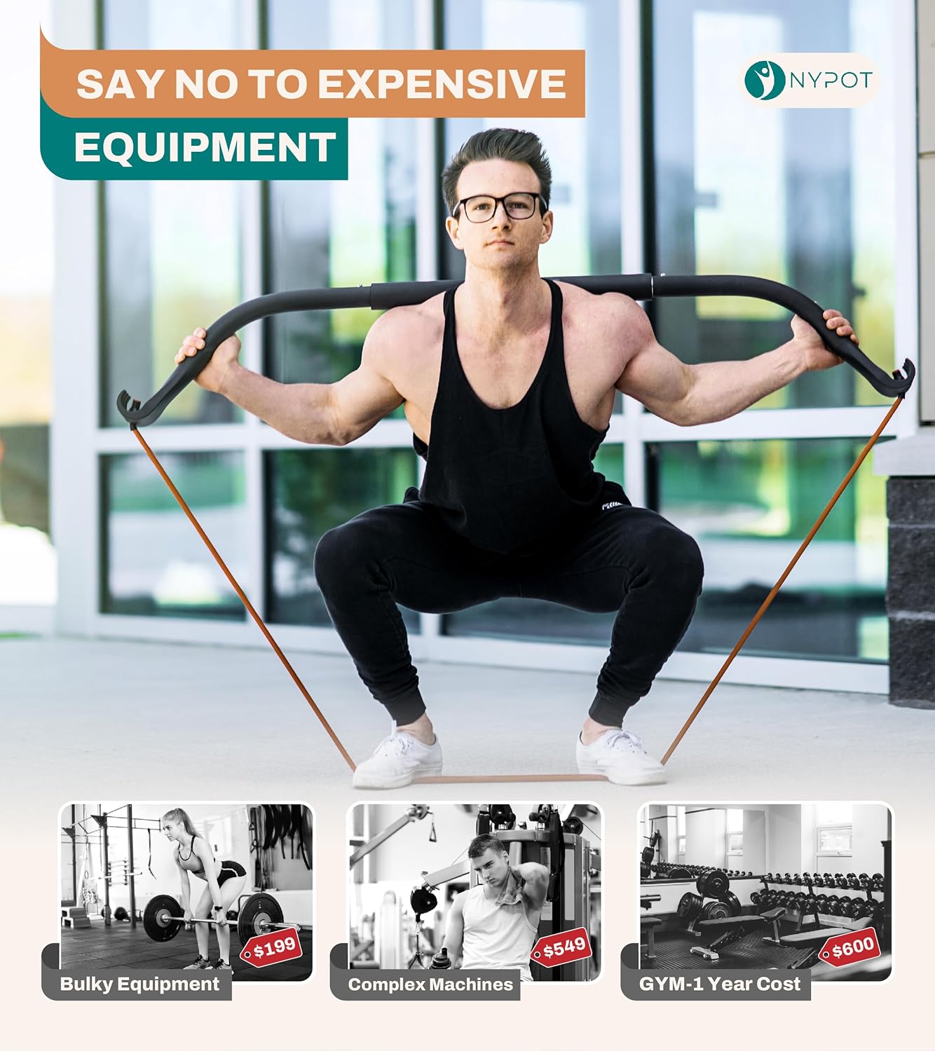 NYPOT- Workout Bow & Portable Home Gym Equipment – Resistance Bands with Bar for Home Workout Equipment Men & Women All in One Gym for Strength