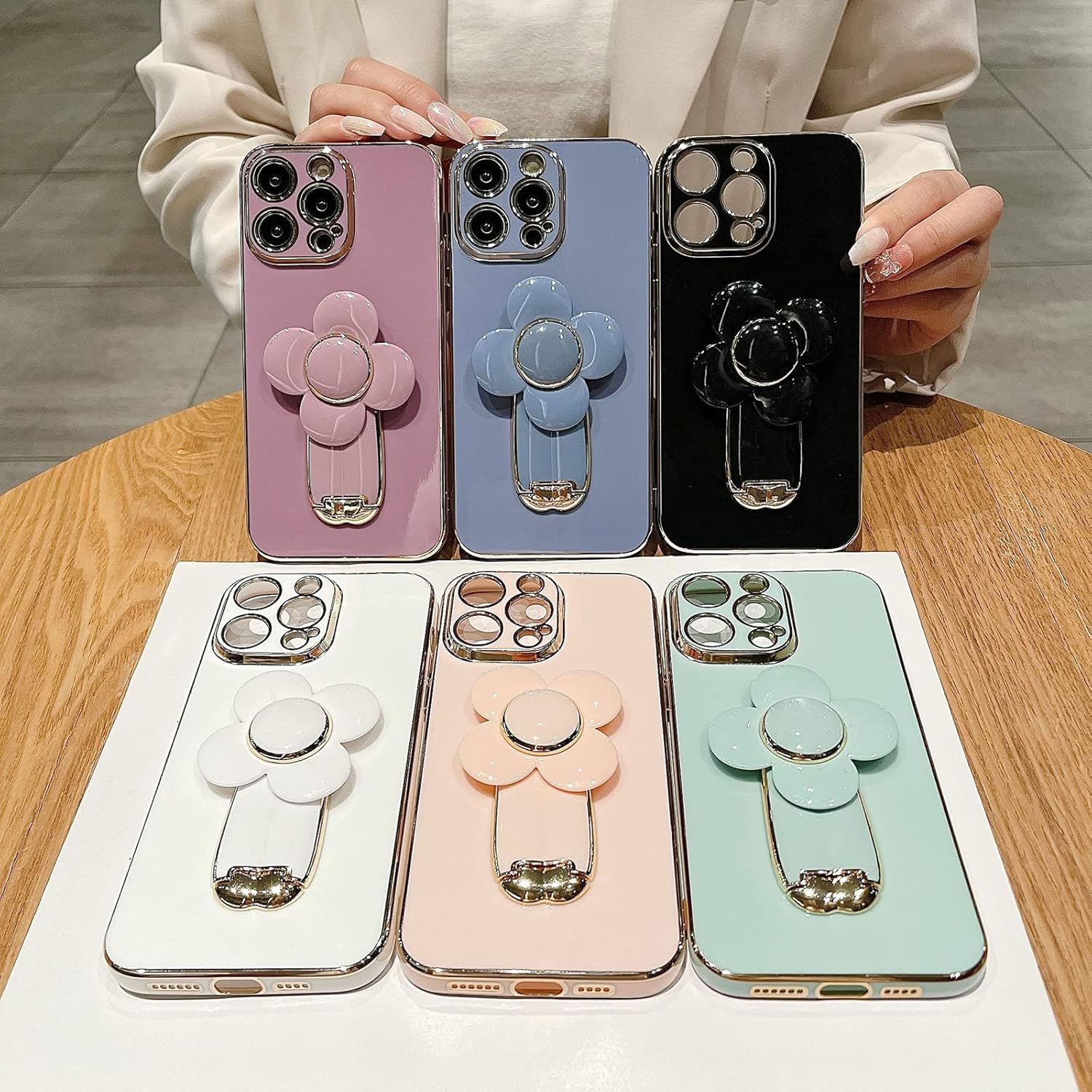aowner Funda para iPhone 11 Pro Max, cubierta de lujo con soporte oculto, lindo molino de viento giratorio con diseño de flores para mujeres y niñas