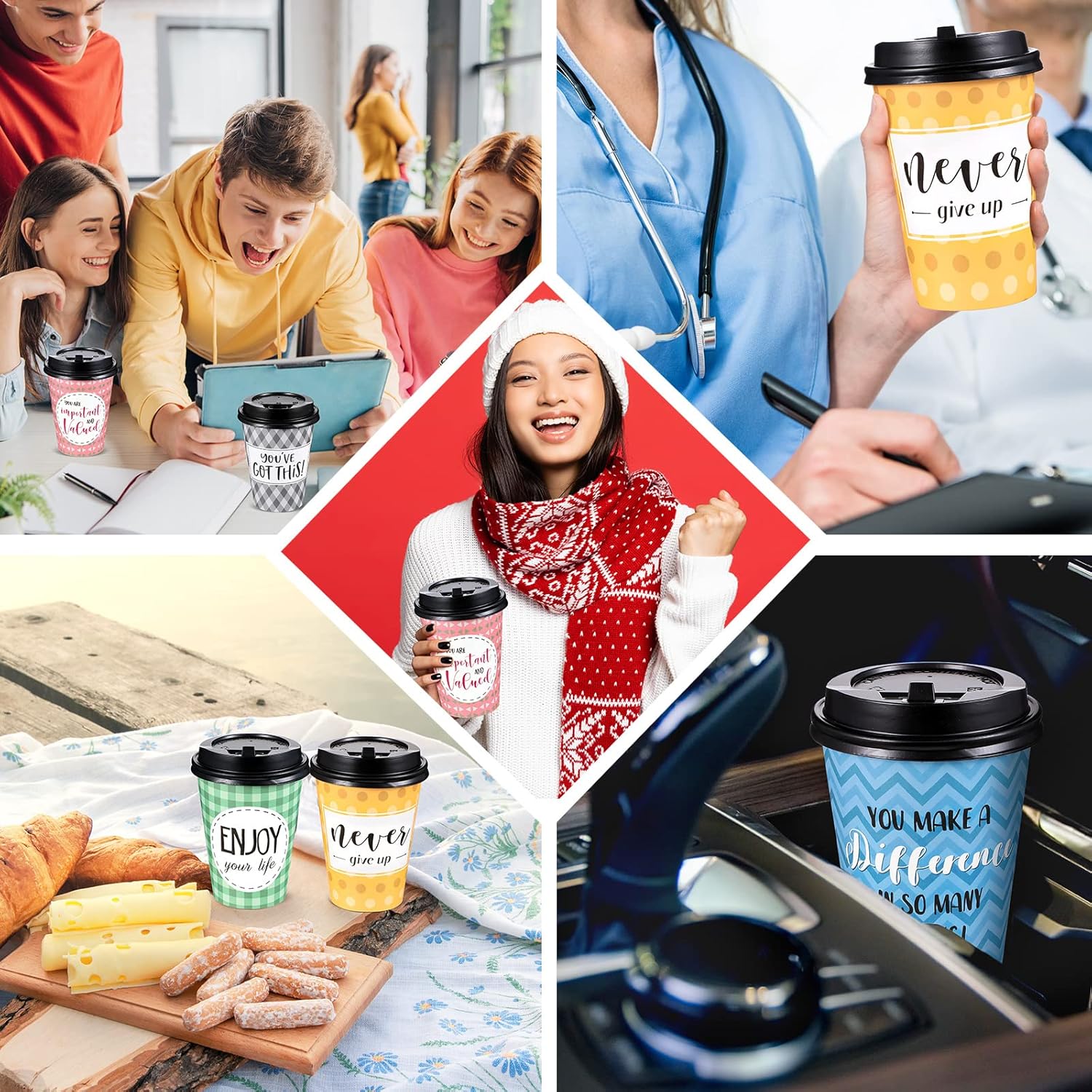 Gerrii Paquete de 100 tazas de café desechables con tapas y pajitas, tazas de papel motivacionales con 6 citas y diseños, tazas calientes