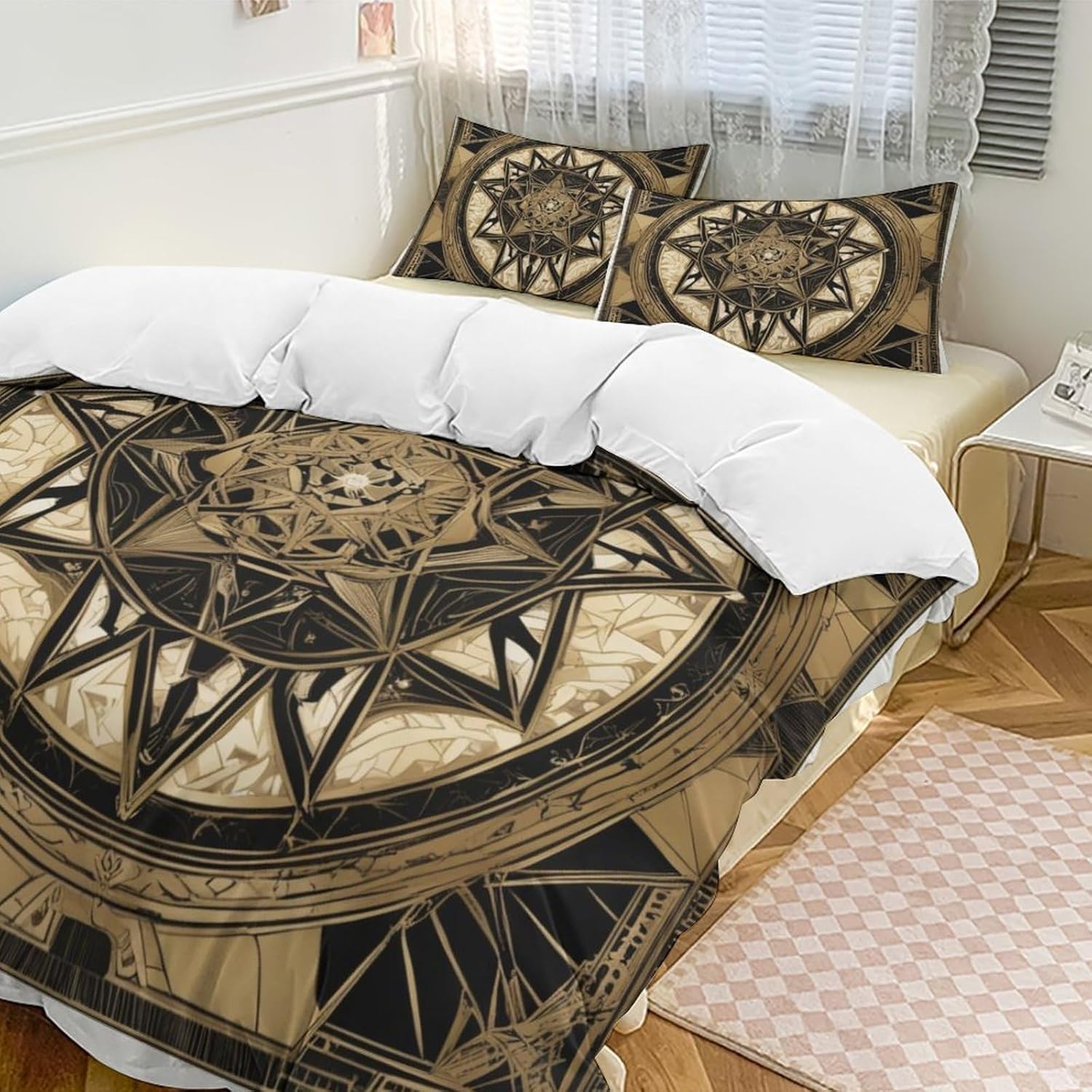 ZGDPBYF Juego de colcha de tamaño Queen, diseño de estrellas de cinco puntas, color negro y dorado, diseño geométrico bohemio para todas las