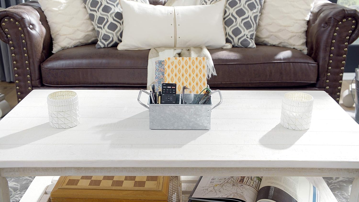 Walford Home Bandeja de almacenamiento de metal galvanizado  Carrito de mesa rústico de granja con asas  Caja dividida funcional y decorativa