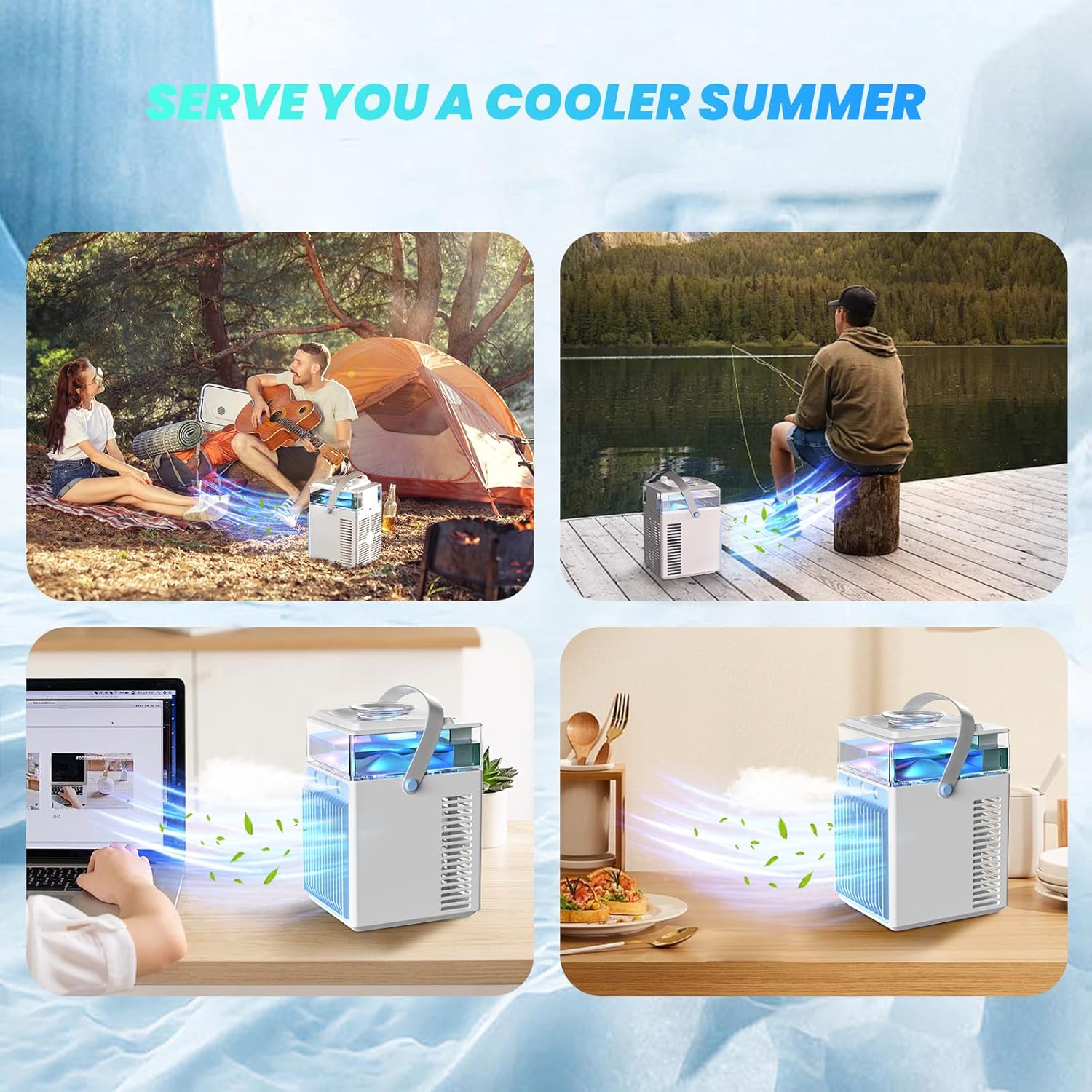 Ventilador de aire acondicionado portátil, mini humidificador personal recargable 4 en 1, enfriador de aire evaporativo de 3 velocidades con 7 luces