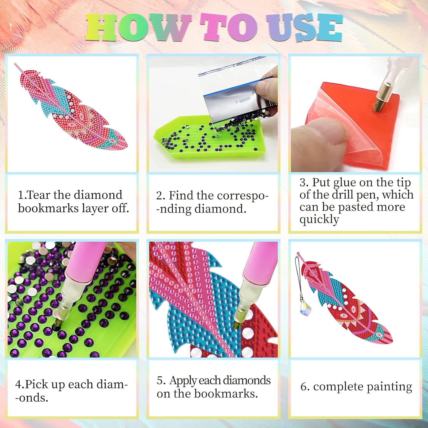 12 marcapáginas de pintura de diamantes de imitación DIY con colgante de cristal para manualidades principiantes
