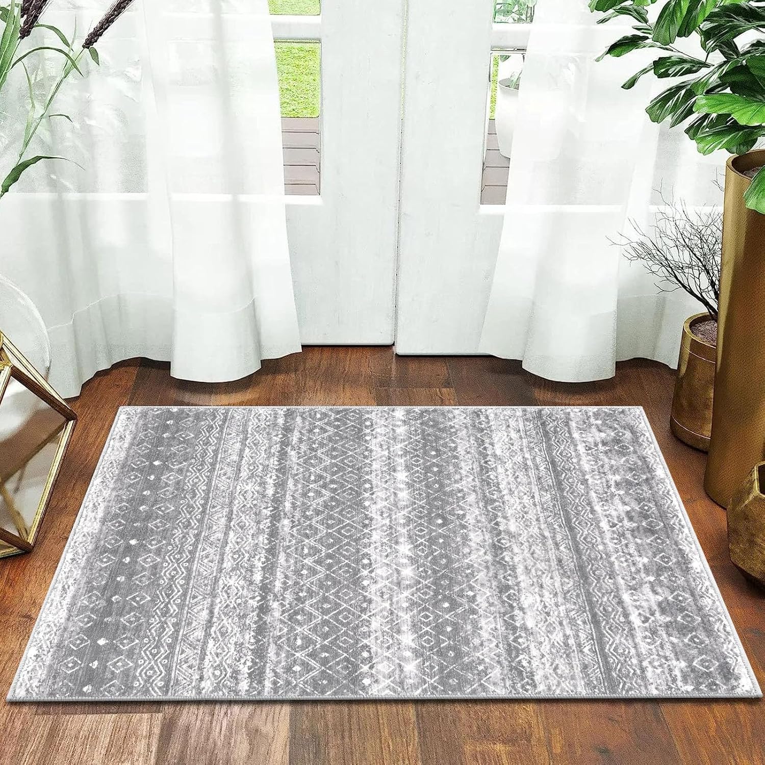 HEBE Alfombra bohemia de 2 x 3 pies, antideslizante, suave, lavable, para puerta de interior, para entrada, vintage, envejecida, con medallón, para